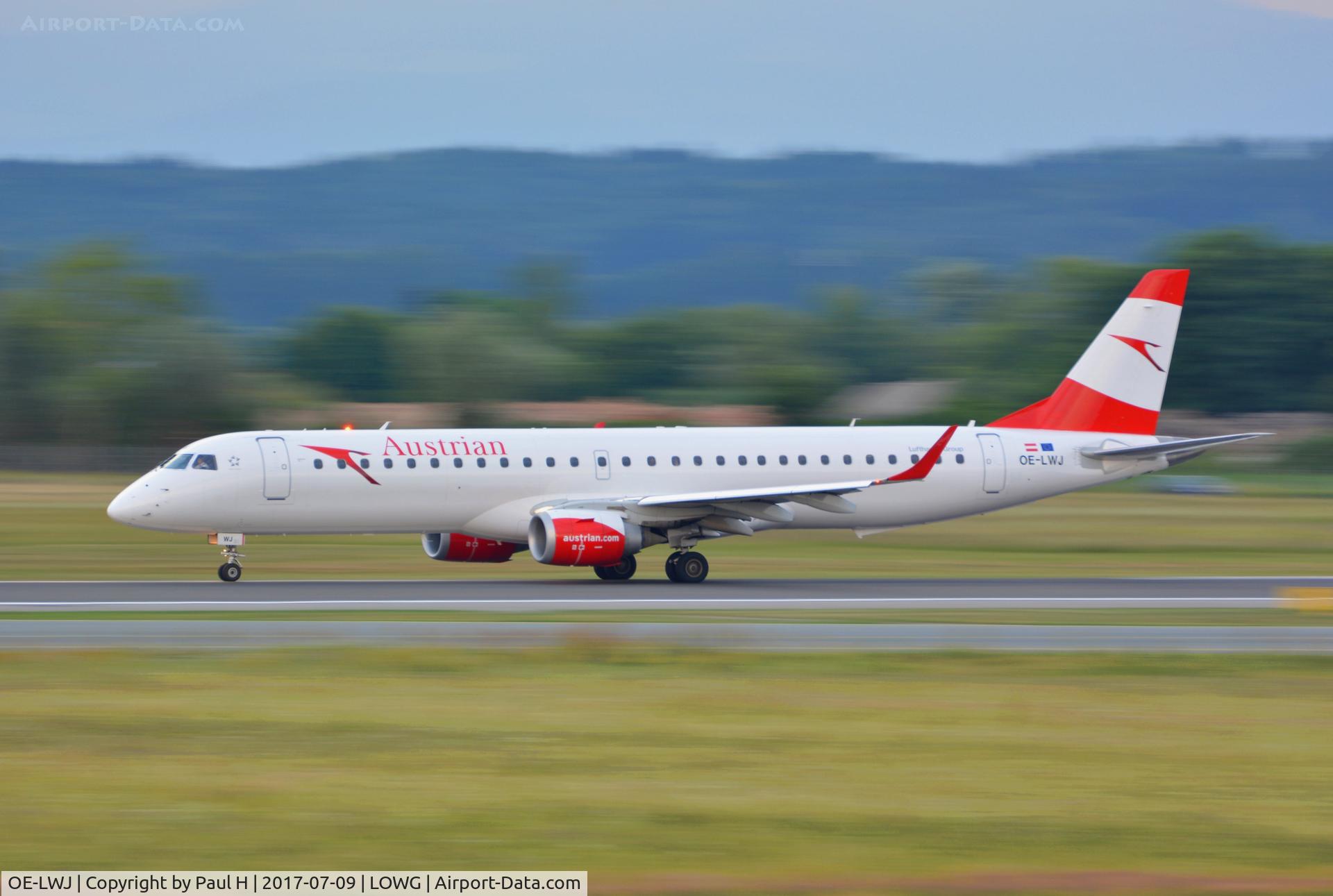OE-LWJ, 2012 Embraer 195LR (ERJ-190-200LR) C/N 19000507, Austrian Airlines taking off at LOWG, Graz with a blurry background