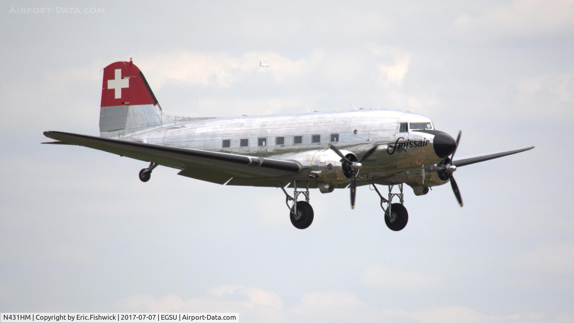 N431HM, 1943 Douglas DC-3C-S1C3G (C-47A) C/N 9995, cr. N431HM on the eve of The Flying Legends Airshow, July 2017.