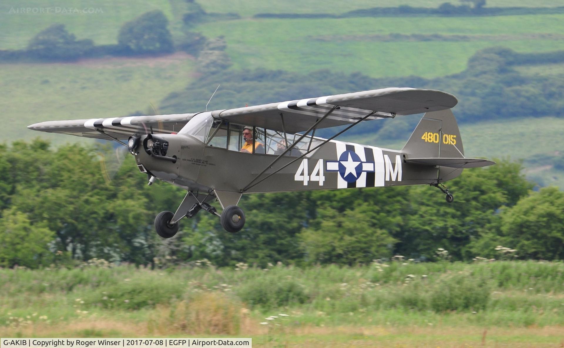 G-AKIB, 1944 Piper L-4H Grasshopper (J3C-65D) C/N 12311, Visiting Piper Grasshopper in 1944 US Army markings of aircraft 480015/44-M. Departing Runway 22.