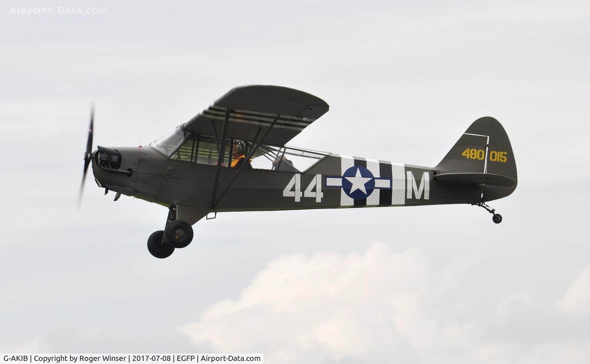 G-AKIB, 1944 Piper L-4H Grasshopper (J3C-65D) C/N 12311, Visiting Piper Grasshopper in 1944 US Army markings of aircraft 480015/44-M. Departing Runway 22.