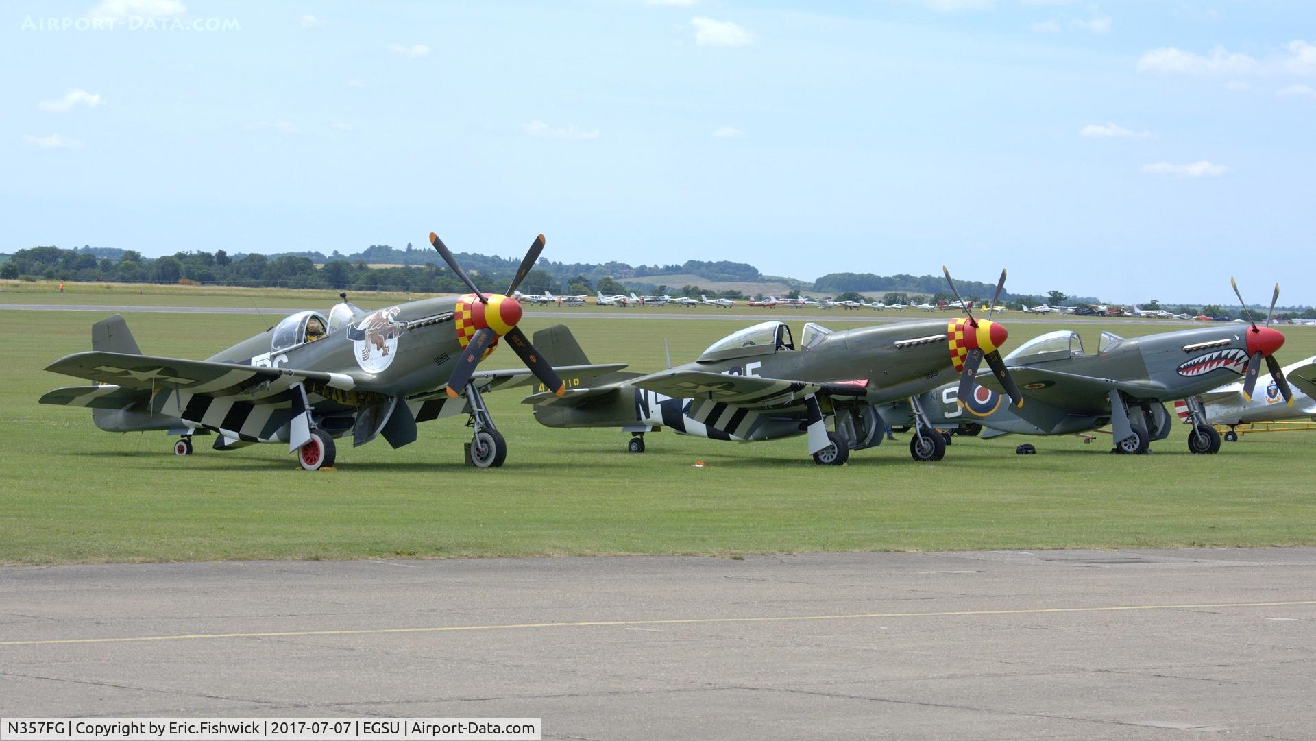 N357FG, 1944 North American P-51D C/N 44-12139, 5. Trio of visiting Mustangs on the eve of The Flying Legends Airshow, July 2017.