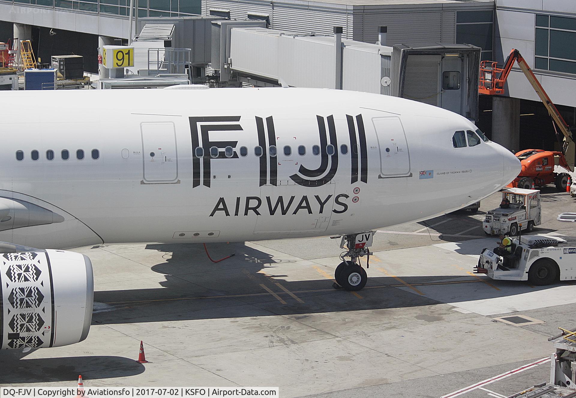 DQ-FJV, 2013 Airbus A330-243 C/N 1465, FIJI crew are about to push back the aircraft so it can rest at a remote gate while it waits for its next flight.