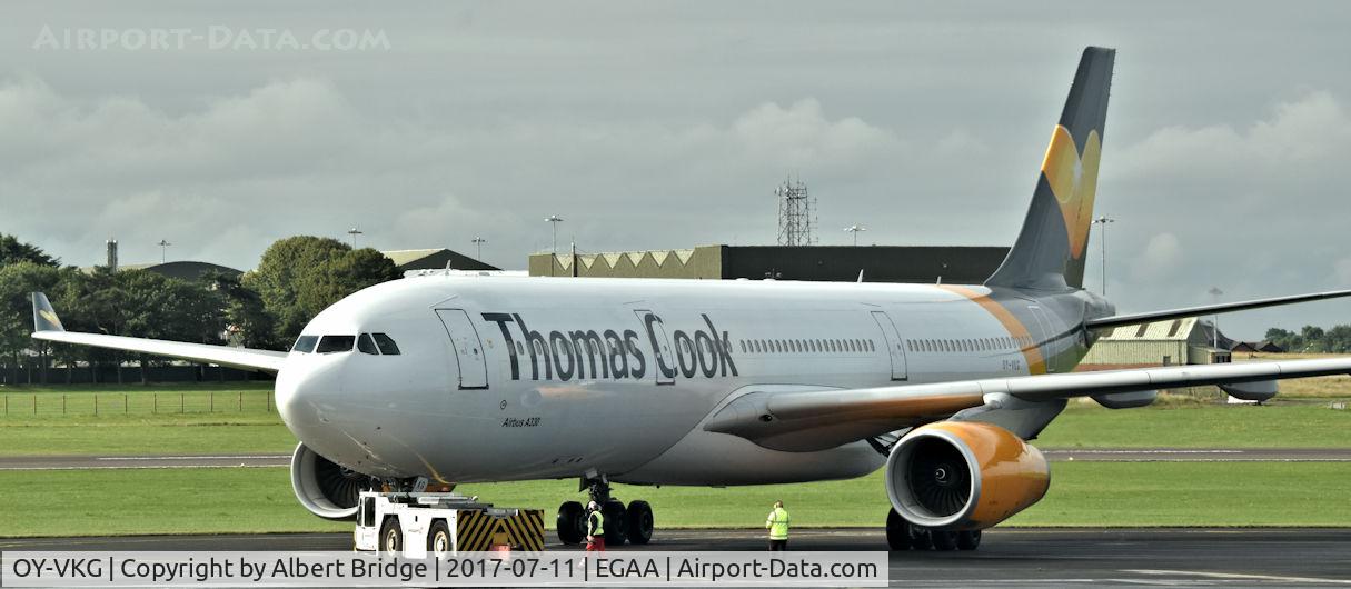 OY-VKG, 2000 Airbus A330-343X C/N 349, Belfast International.  Thomas Cook OY-VKG, an arrival from Cancún, about to depart, empty, to Glasgow.