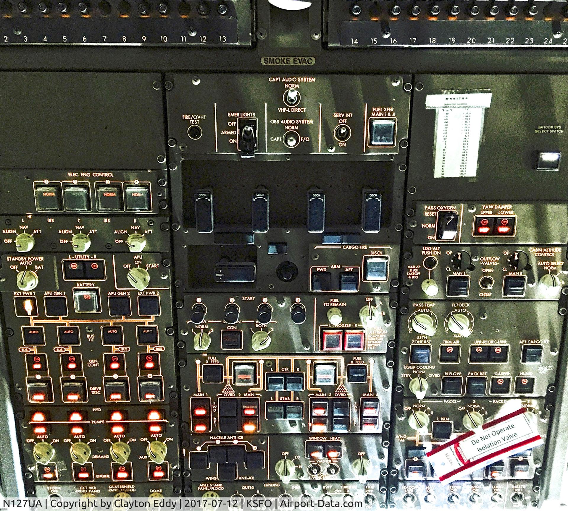 N127UA, 1999 Boeing 747-422 C/N 28813, Overhead panel. SFO. 2017.