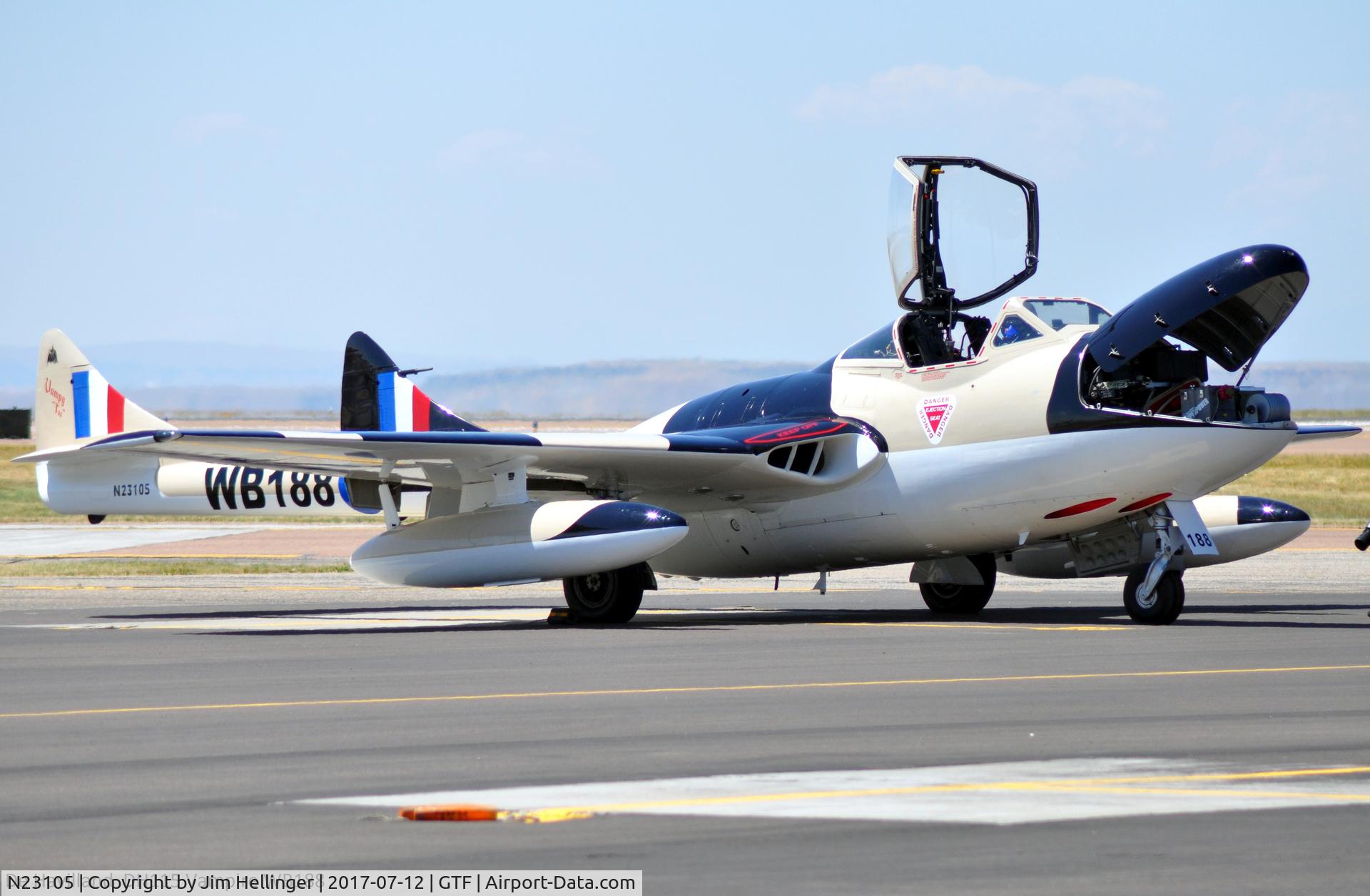 N23105, 1959 De Havilland (F+W Emmen) Vampire T55 (DH-115) C/N 982, Preparing to leave Great Falls.