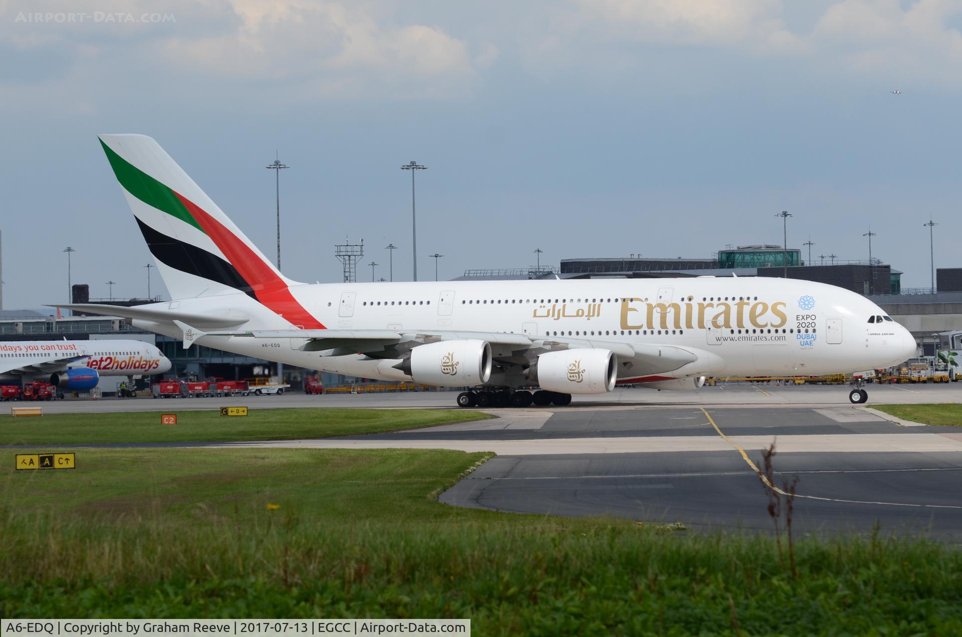 A6-EDQ, 2011 Airbus A380-861 C/N 080, About to depart from Manchester.