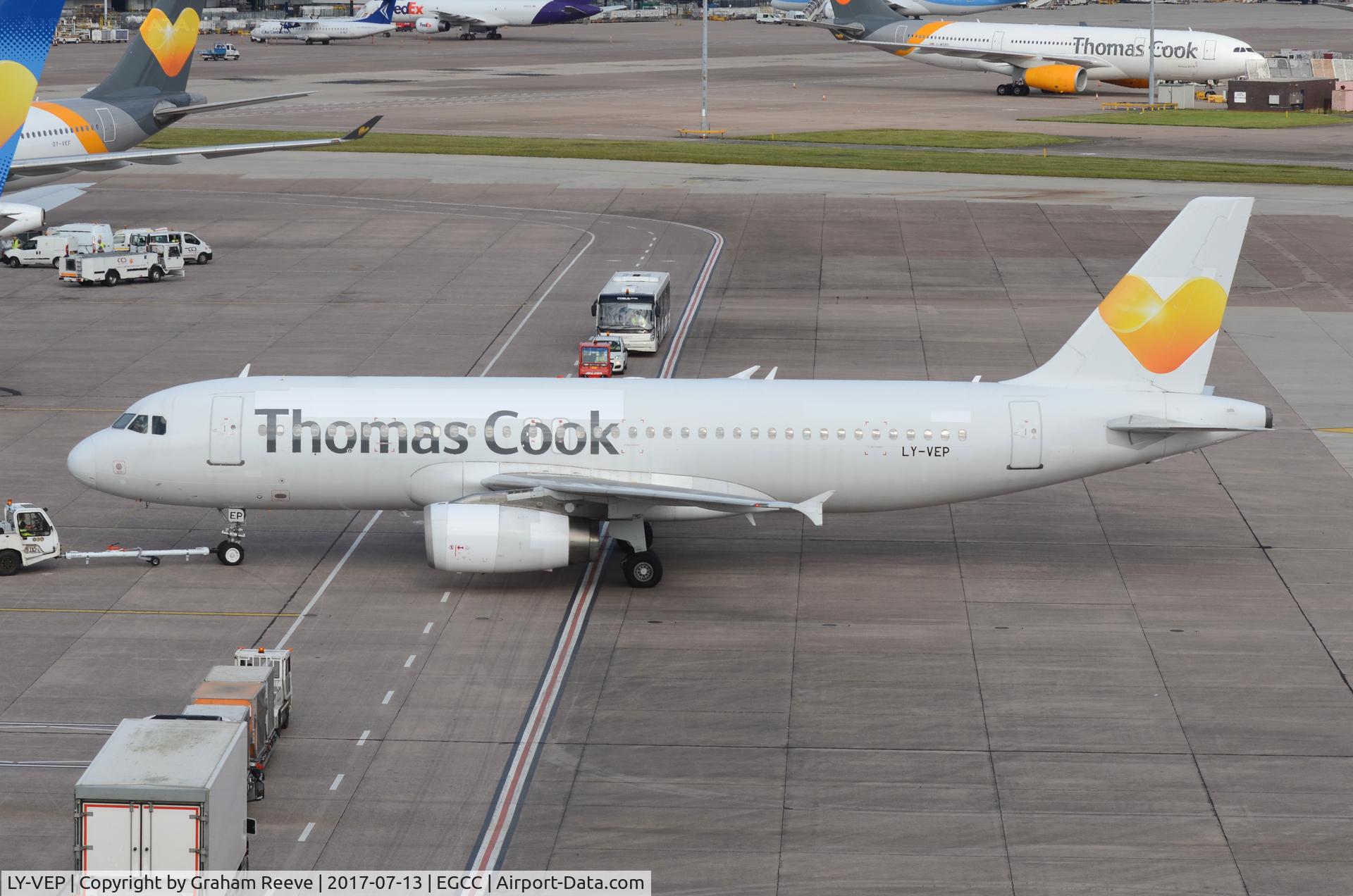 LY-VEP, 1995 Airbus A320-233 C/N 558, On push back at Manchester.
