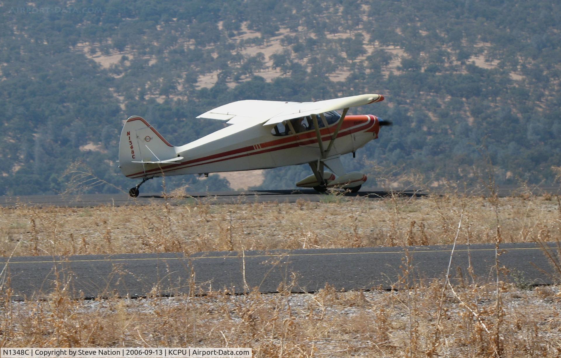 N1348C, 1953 Piper PA-22-135 Tri-Pacer C/N 22-1141, 1953 Piper PA-22-135 Tri-Pacer rolling out after touchdown from Chandler, AZ @ Maury Rasmussen Field/Calaveras County Airport, San Andreas, CA