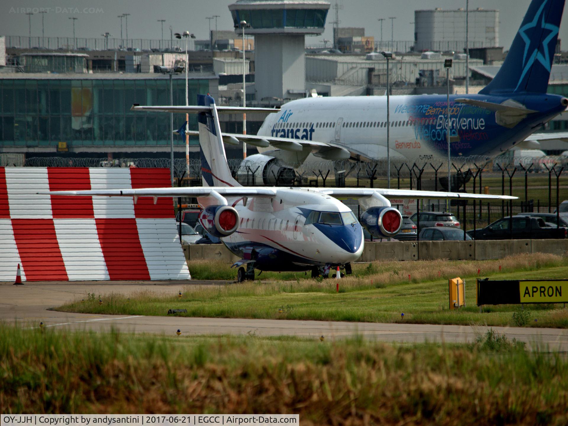 OY-JJH, 2001 Fairchild Dornier 328-300 328JET C/N 3171, parked on the [FBO exc ramp] man egcc uk