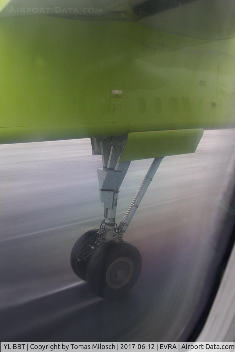 YL-BBT, 2013 De Havilland Canada DHC-8-402 Q400 Dash 8 C/N 4438, Touchdown after a short flight TXL–RIX