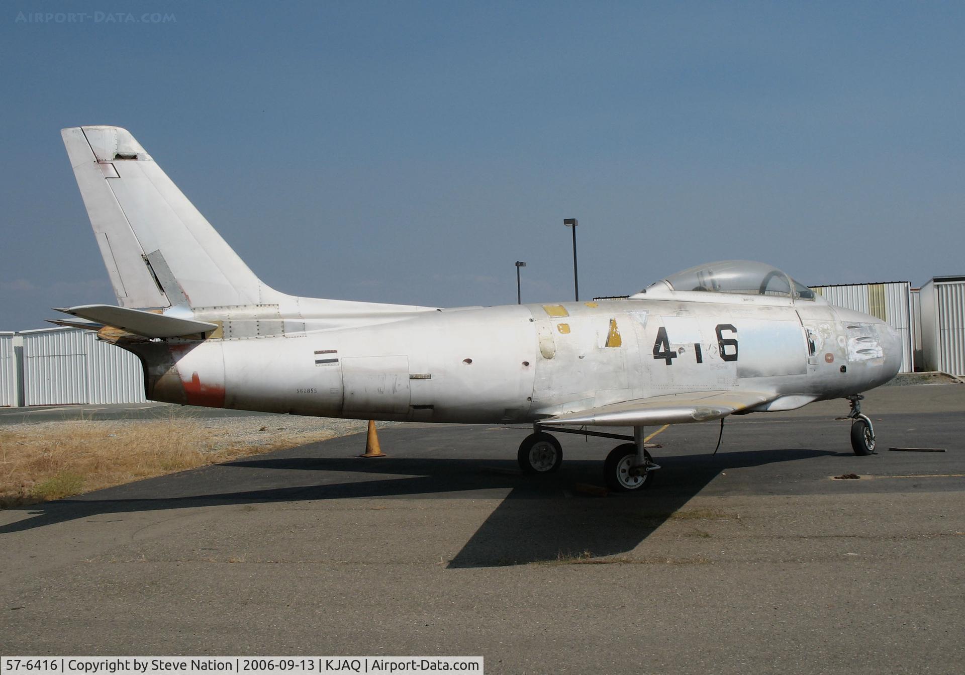 57-6416, 1957 North American F-86F C/N 57-6416, 1957 North American F-86F awaiting repaint for static display @ Westover Field/Amador County Airport, Jackson, CA (assembled by Nagoya Aerospace System, Kodak, Japan circa 1958 for JASDF; returned to USAF then to USN for spares for QF-86F target drones)
