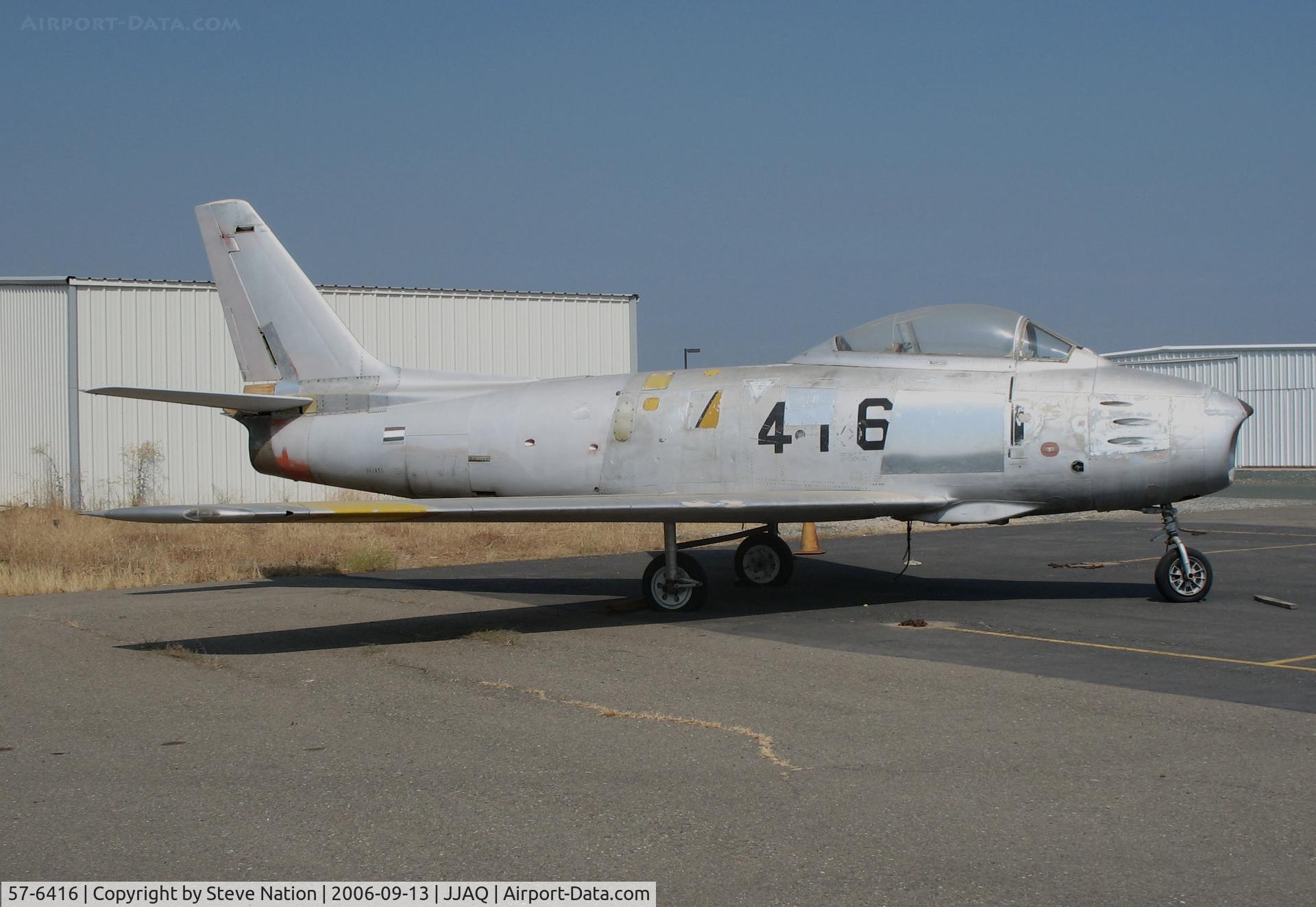 57-6416, 1957 North American F-86F C/N 57-6416, 1957 North American F-86F awaiting repaint for static display @ Westover Field/Amador County Airport, Jackson, CA (assembled by Nagoya Aerospace System, Kodak, Japan circa 1958 for JASDF; returned to USAF then to USN for spares for QF-86F target drones)