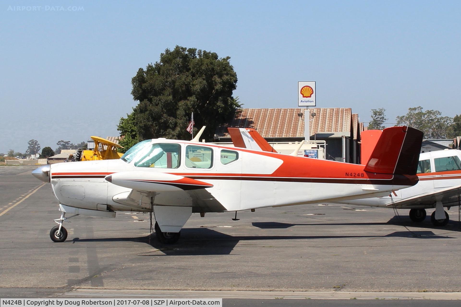 N424B, 1948 Beech A35 Bonanza C/N D-1598, 1948 Beech A35 Bonanza, Continental E-185-1 185 Hp for 1 minute, 165 Hp continuous. A couple of mods are evident. Parked on SZP Transient Ramp.