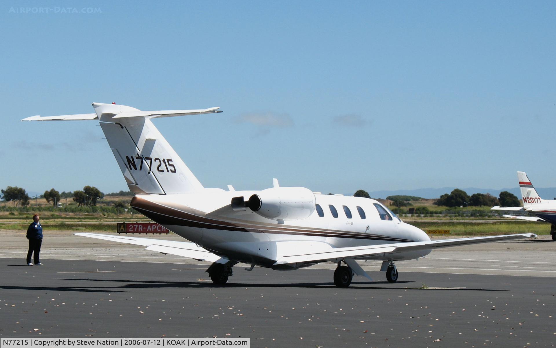 N77215, 1996 Cessna 525 CitationJet C/N 525-0149, Moonchild Aviation (Los Angeles, CA) 1996 Cessna 525 on North Ramp @ Oakland international Airport, CA (crashed 2007-01-12 shortly after takeoff from Van Nuys, CA [KVNY] when left front baggage compartment opened at ~ 200'AGL and aircraft stalled).
