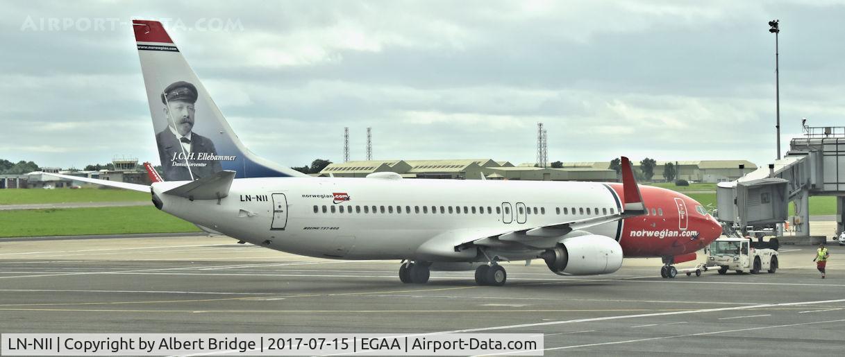 LN-NII, 2014 Boeing 737-8JP C/N 43877, Belfast International.  Norwegian Air Shuttle (LN-NII) push-back before departing to Theodore Francis Green State Airport (PVD).