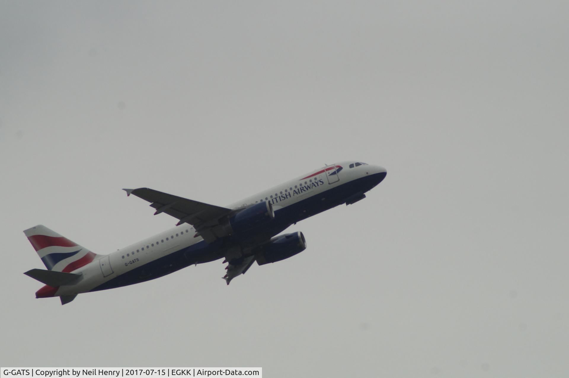 G-GATS, 2002 Airbus A320-214 C/N 1672, Senn taking off at London Gatwick about noon on Sat 15 July 2017