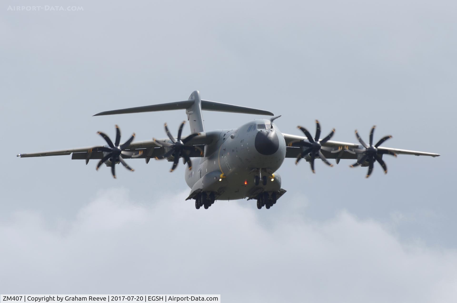 ZM407, 2015 Airbus A400M Atlas C.1 C/N 026, On approach to Norwich.