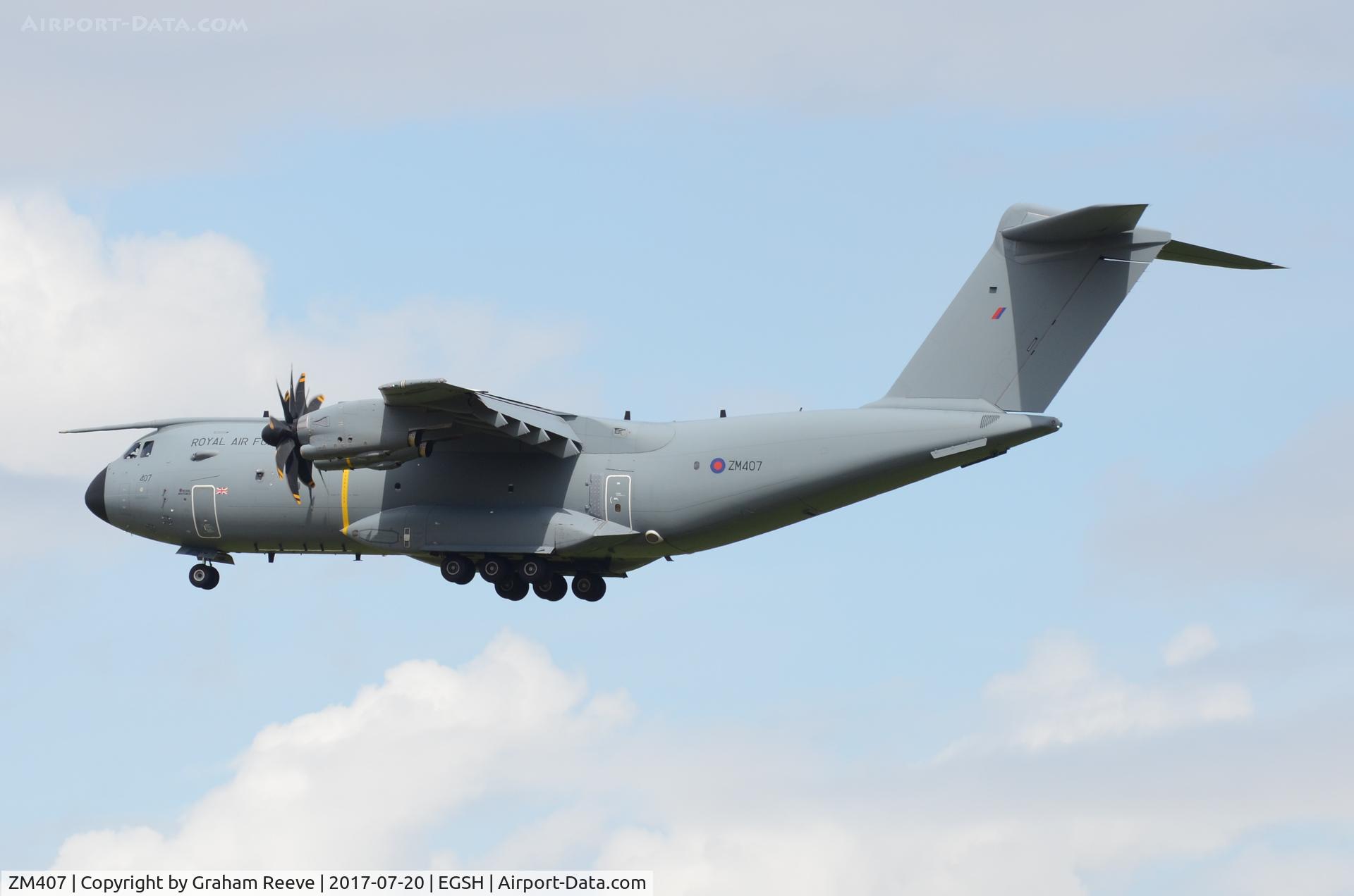 ZM407, 2015 Airbus A400M Atlas C.1 C/N 026, On approach to Norwich.
