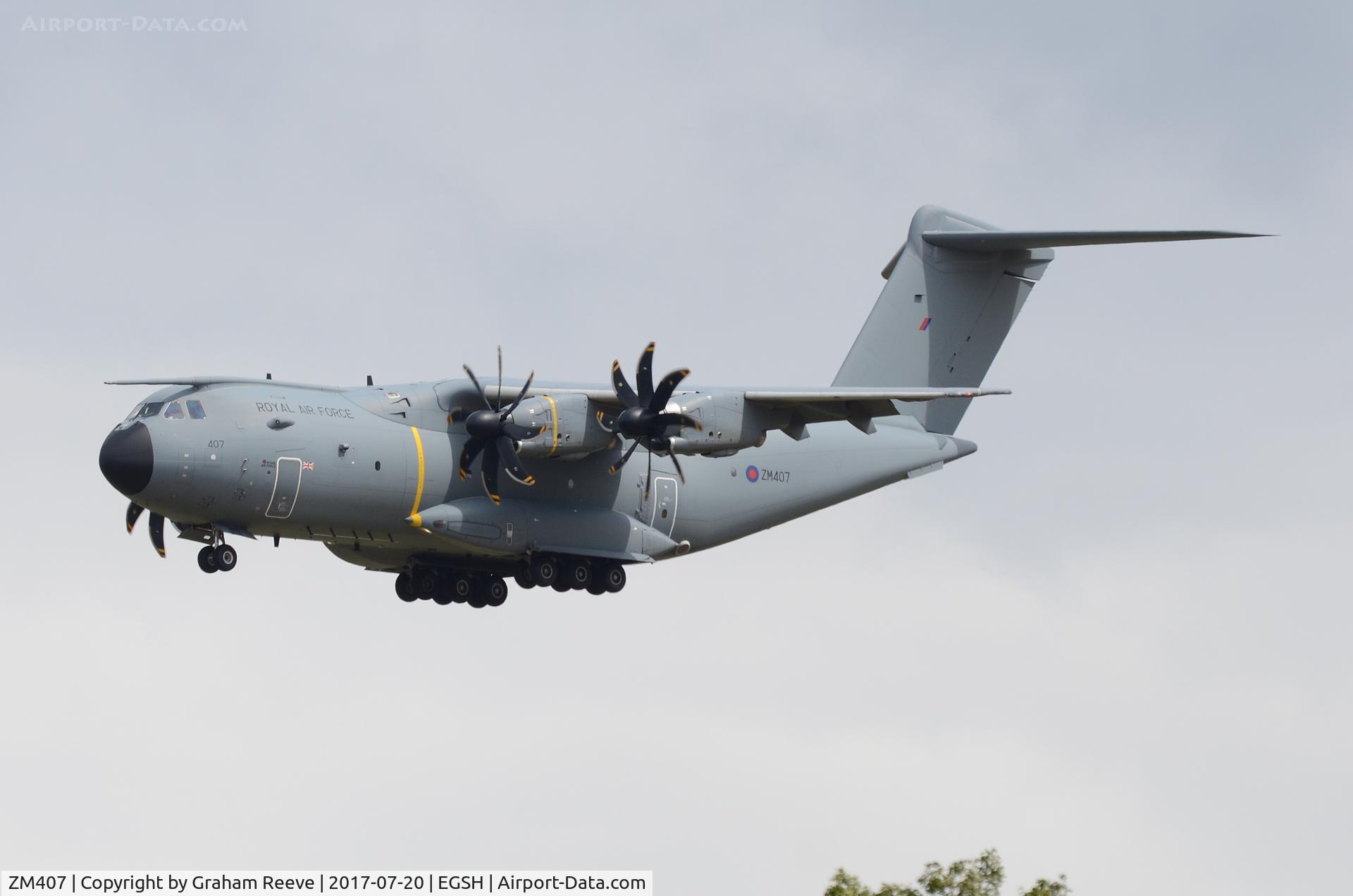 ZM407, 2015 Airbus A400M Atlas C.1 C/N 026, On approach to Norwich.