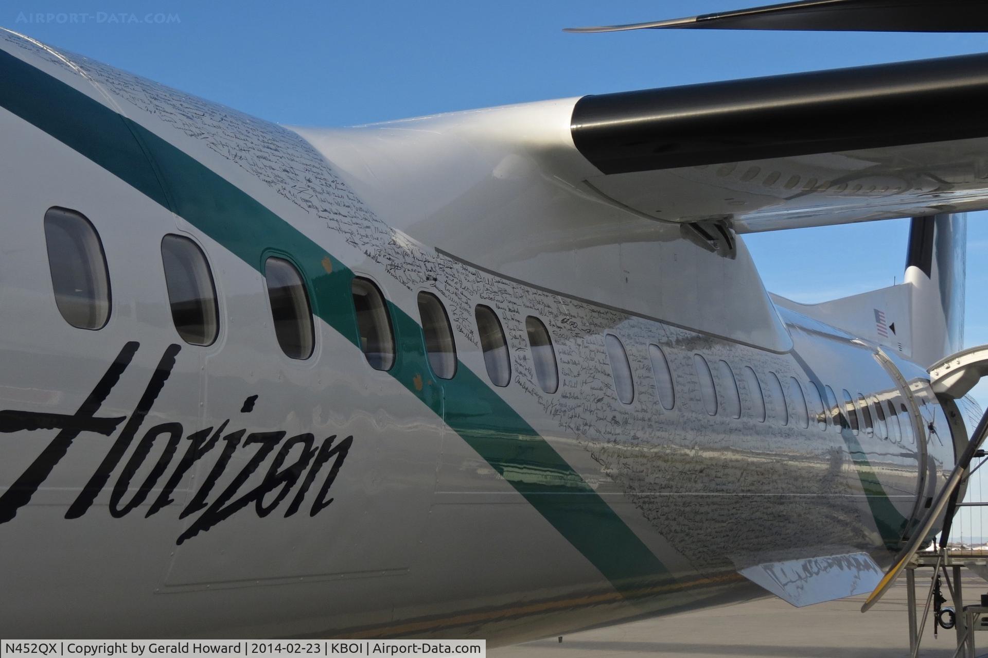 N452QX, 2013 De Havilland Canada DHC-8-402Q Dash 8 Dash 8 C/N 4459, Horizon employee signatures.