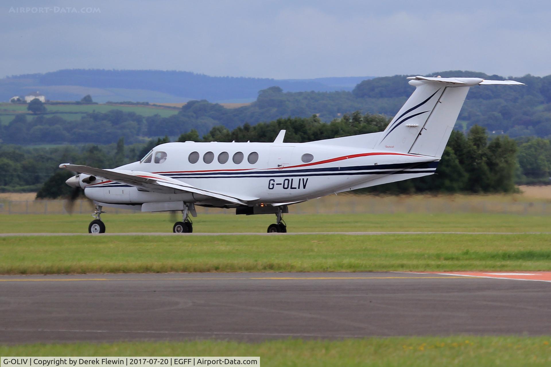 G-OLIV, 2003 Raytheon B200 King Air C/N BB-1835, Super Kingair, EGFF resident, Dragonfly Aviation Services Ltd, previously N60275, G-RAFN, ZK454, G-RAFN, seen departing runway 30.