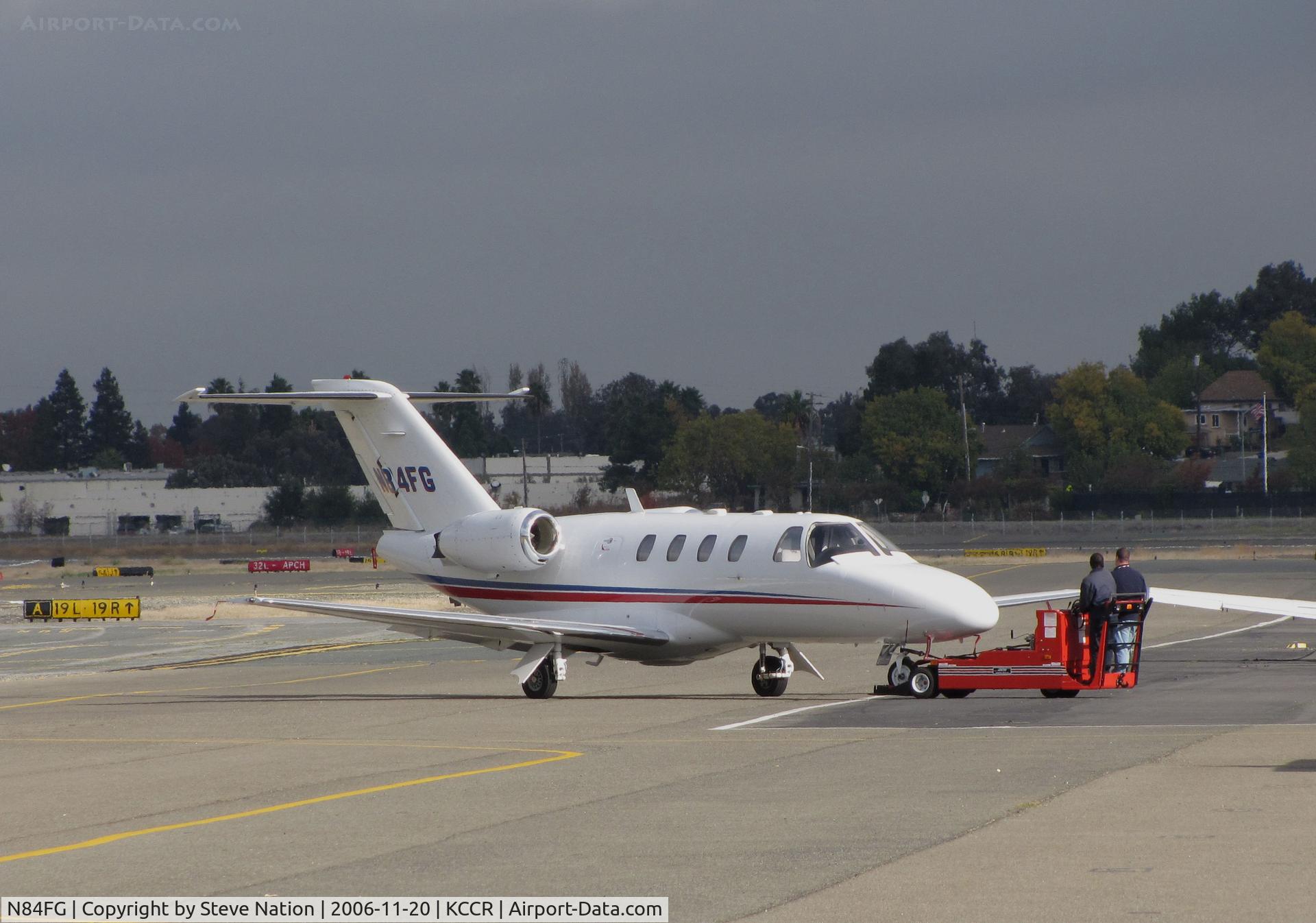 N84FG, 1997 Cessna 525 CitationJet CJ1 C/N 525-0192, Norton Packaging, Hayward, CA 1997 Cessna 525 @ Buchanan Field, Concord, CA home base being towed to Pacific States Aviation ramp