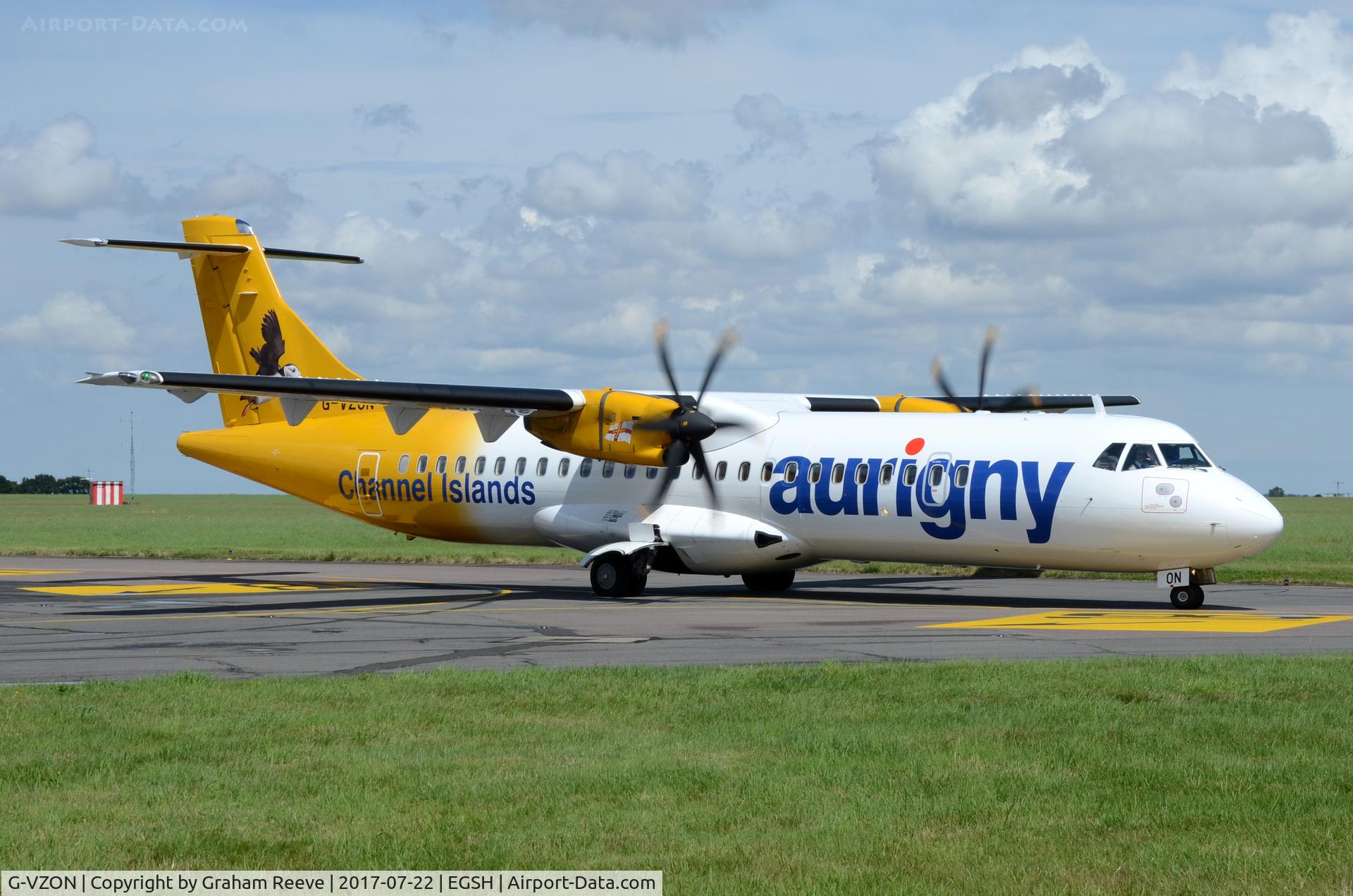 G-VZON, 2009 ATR 72-212A C/N 853, Just landed at Norwich.