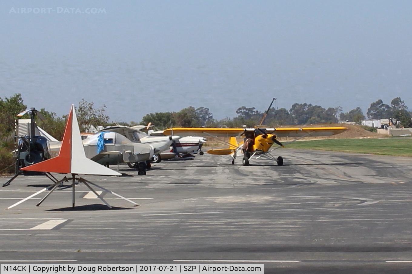 N14CK, 2017 Cub Crafters CCK-1865 Carbon Cub C/N CCK-1865-0077, 2017 BLUE OAK LLC CUBCRAFTERS CCK-1865 CARBON CUB EX, Unknown engine, EAB, preparations for departure from SZP tie down, pushed-rolled out on taxiway