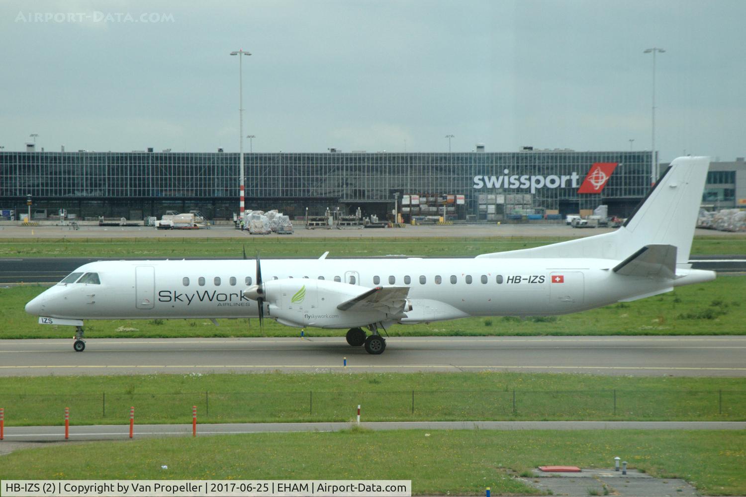 HB-IZS (2), 1996 Saab 2000 C/N 2000-035, Saab 2000 of SkyWork Airlines of Switzerland at Schiphol airport, the Netherlands