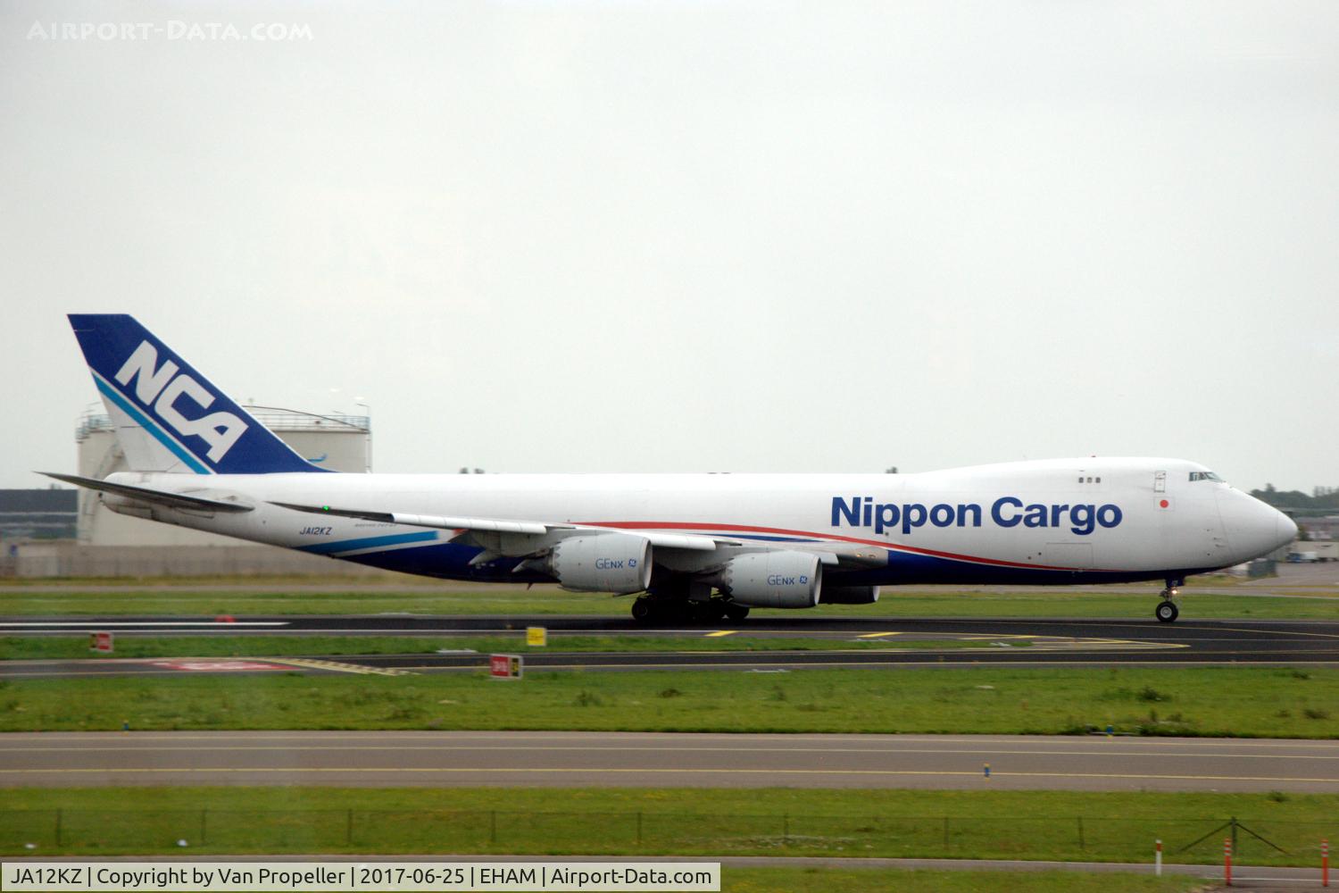 JA12KZ, 2012 Boeing 747-8KZF C/N 36137, Boeing 747-8KZF freighter of Nippon Cargo Airlines taking off from Schiphol airport, the Netherlands