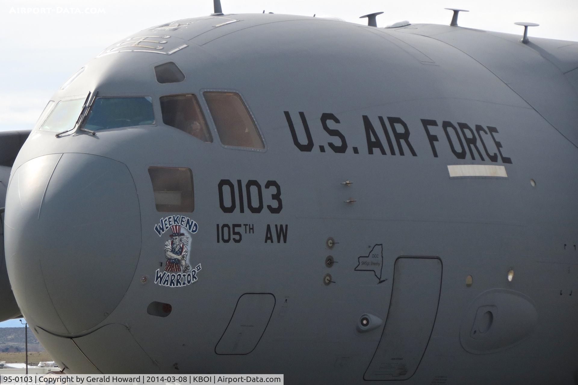 95-0103, 1995 McDonnell Douglas C-17A Globemaster III C/N P-28, Parked on the Idaho ANG ramp.  105th AW, New York ANG.