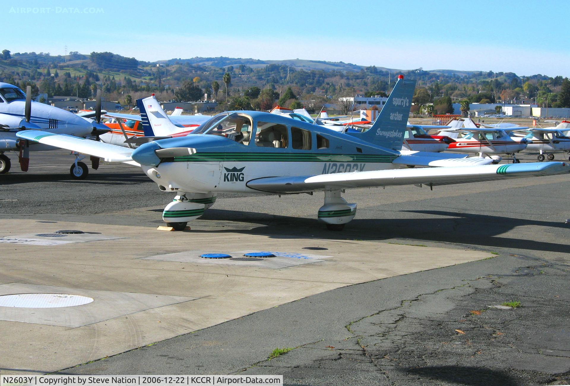 N2603Y, 1985 Piper PA-28-181 C/N 28-8690006, Locally-based Sporty's Archer Sweepstakes + KING logo on 1985 Piper PA-28-181 Cherokee Archer @ Buchanan Field, Concord, CA