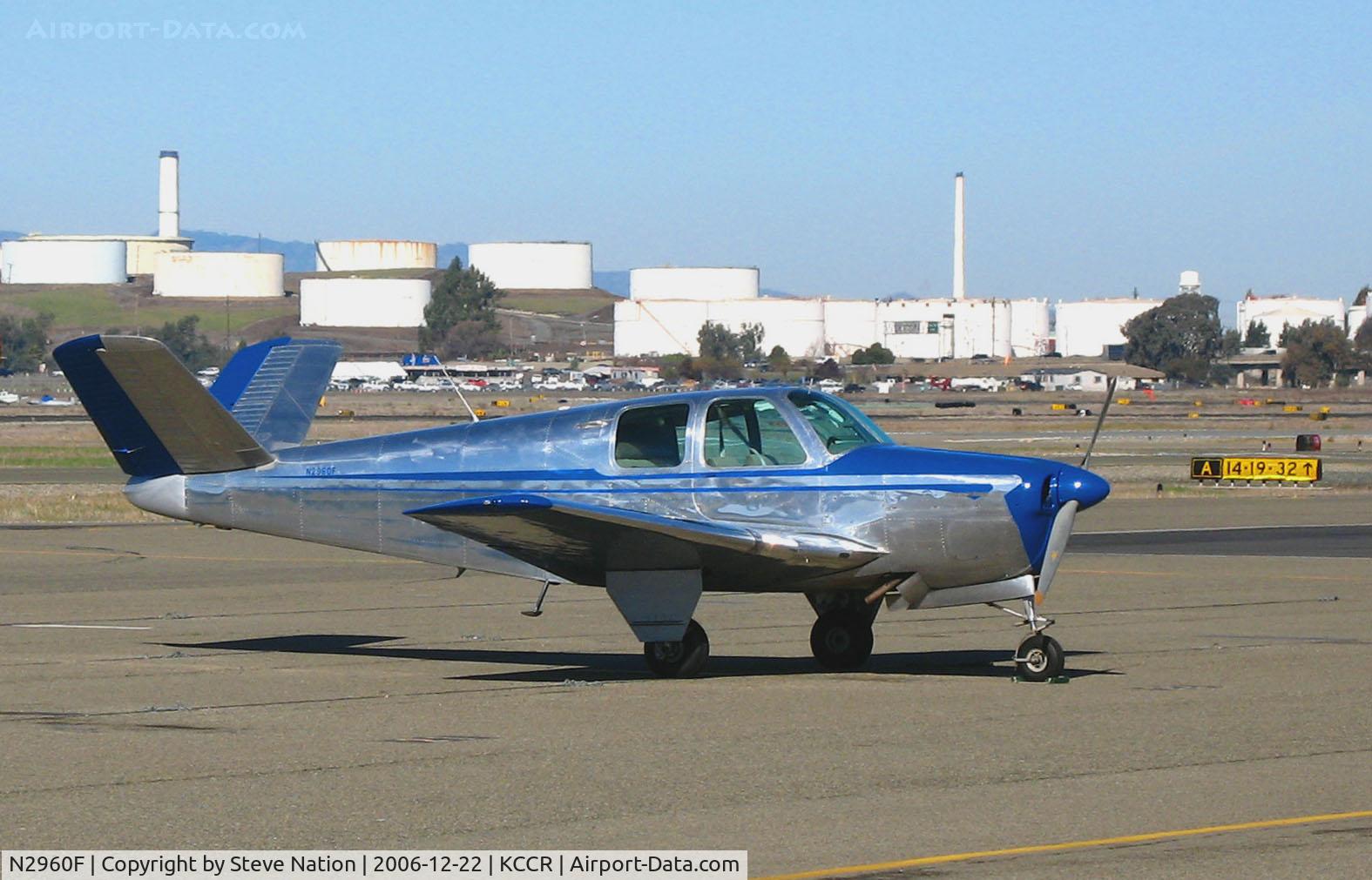 N2960F, 1953 Beech D35 C/N D-3601, All silver colored 1953 Beeh D35 V-tailed Bonanza on hotel vistor's ramp  @ Buchanan Field, Concord, CA