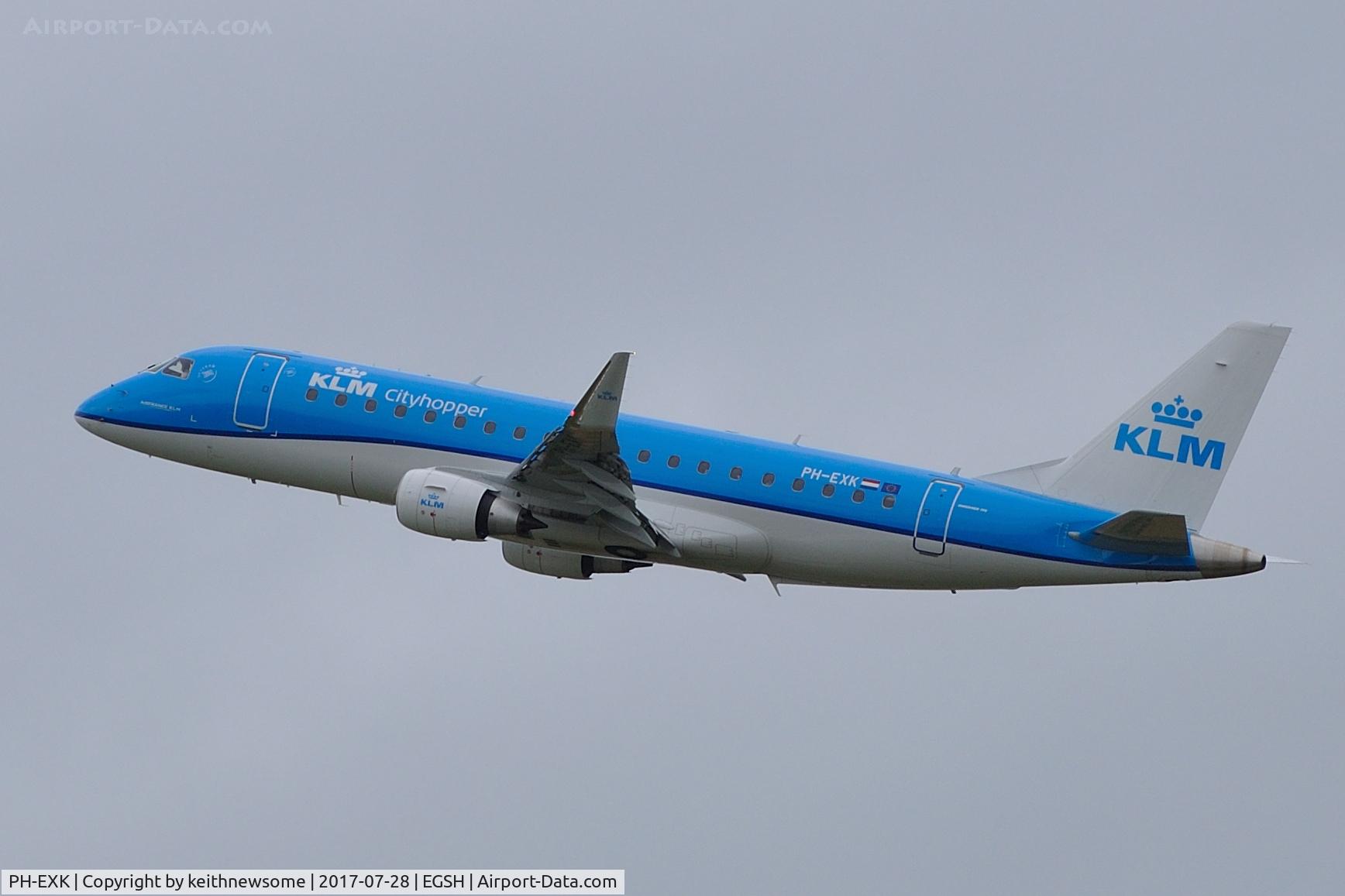 PH-EXK, 2017 Embraer 175STD (ERJ-170-200) C/N 17000629, Leaving Norwich for Amsterdam.