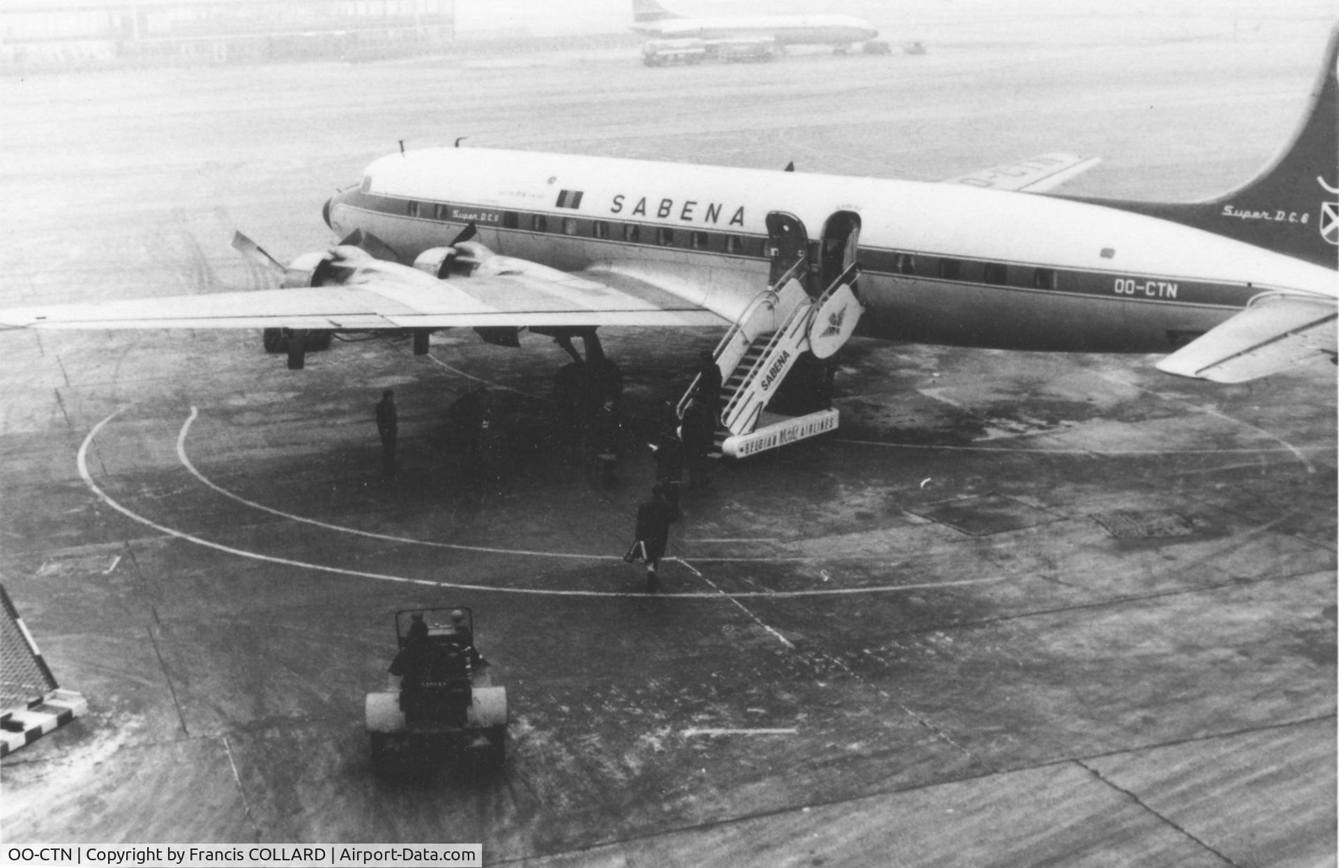 OO-CTN, 1954 Douglas DC-6B C/N 44176, OO-CTN comming from Leopldville (Belgian Congo) when arriving in Melsbroeck (Brussels airport) in july1958. We where coming on board:, departure 14h00 Ndolo - Leopldville (belgian Congo), stop in Kano - Milan and arriving Melsbroeck at 11h00 next day.
