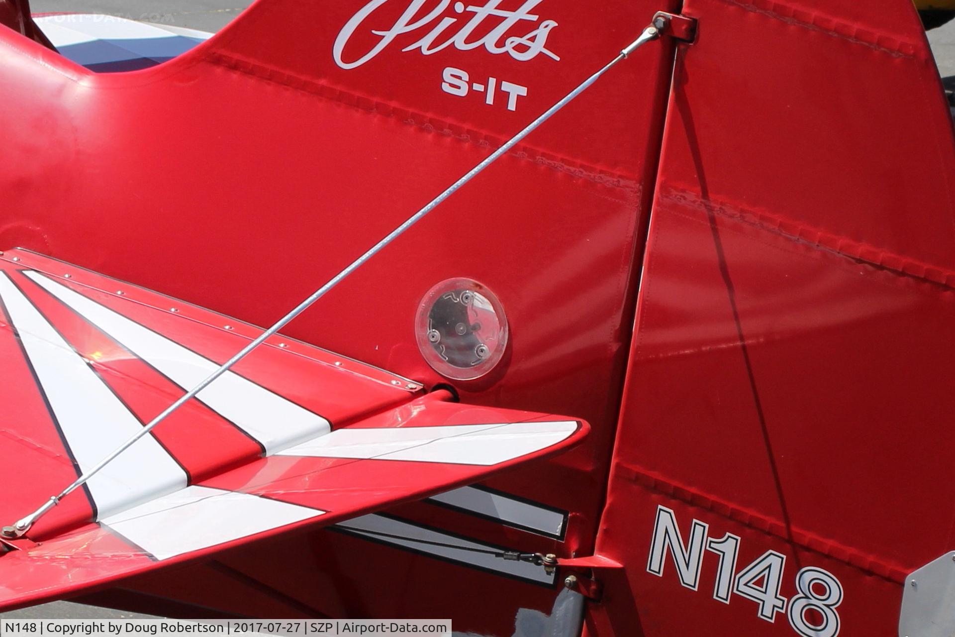 N148, 1983 Aerotek Pitts S-1T Special C/N 1016, 1983 Aerotek PITTS S-1T SPECIAL, Lycoming AEIO-360 180 Hp, 4 ailerons, closeup of clear circular covers that allow direct easy preflight check of the all-important elevator linkage for integrity.