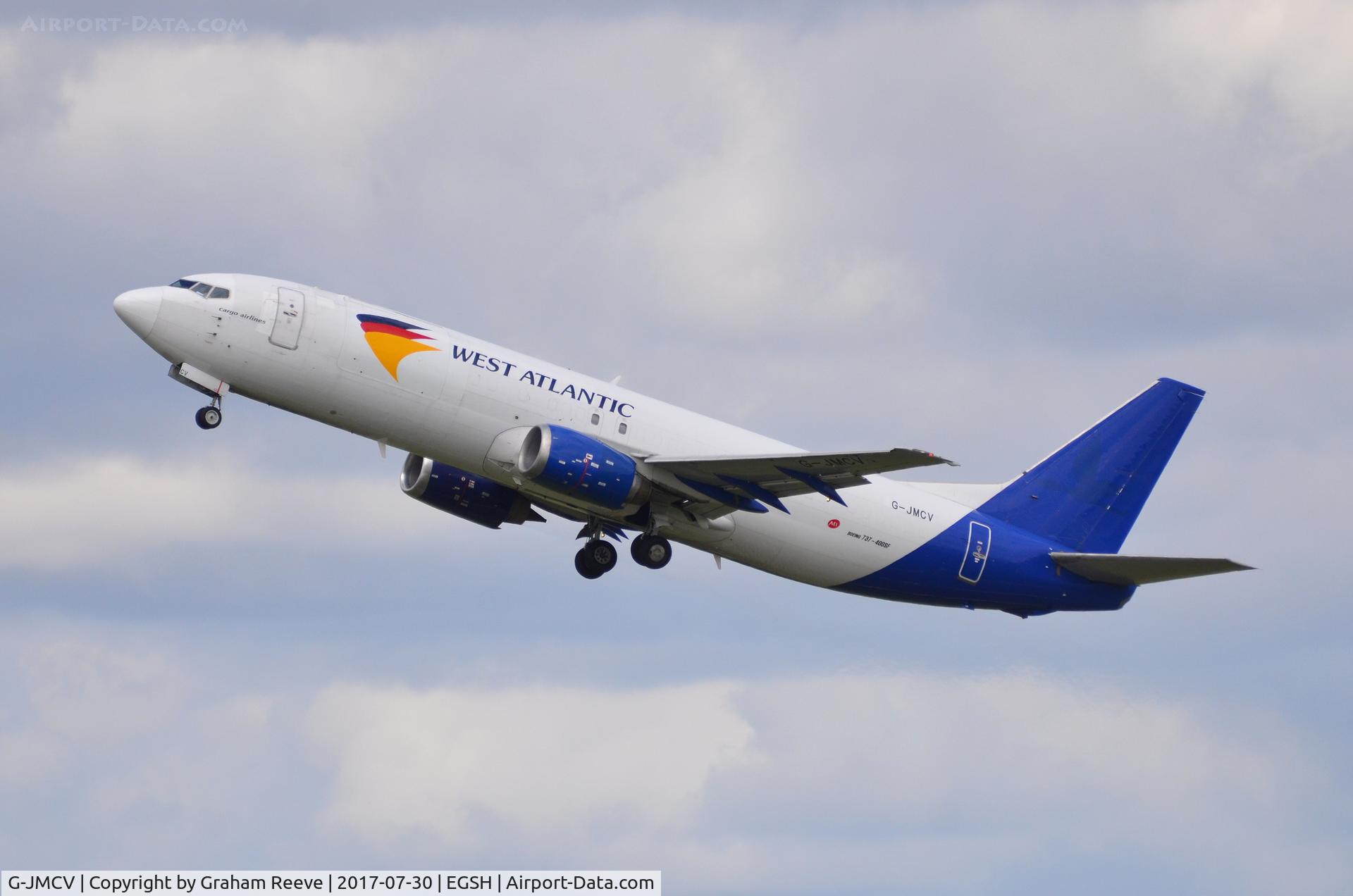 G-JMCV, 1989 Boeing 737-4K5 C/N 24128, Departing from Norwich.