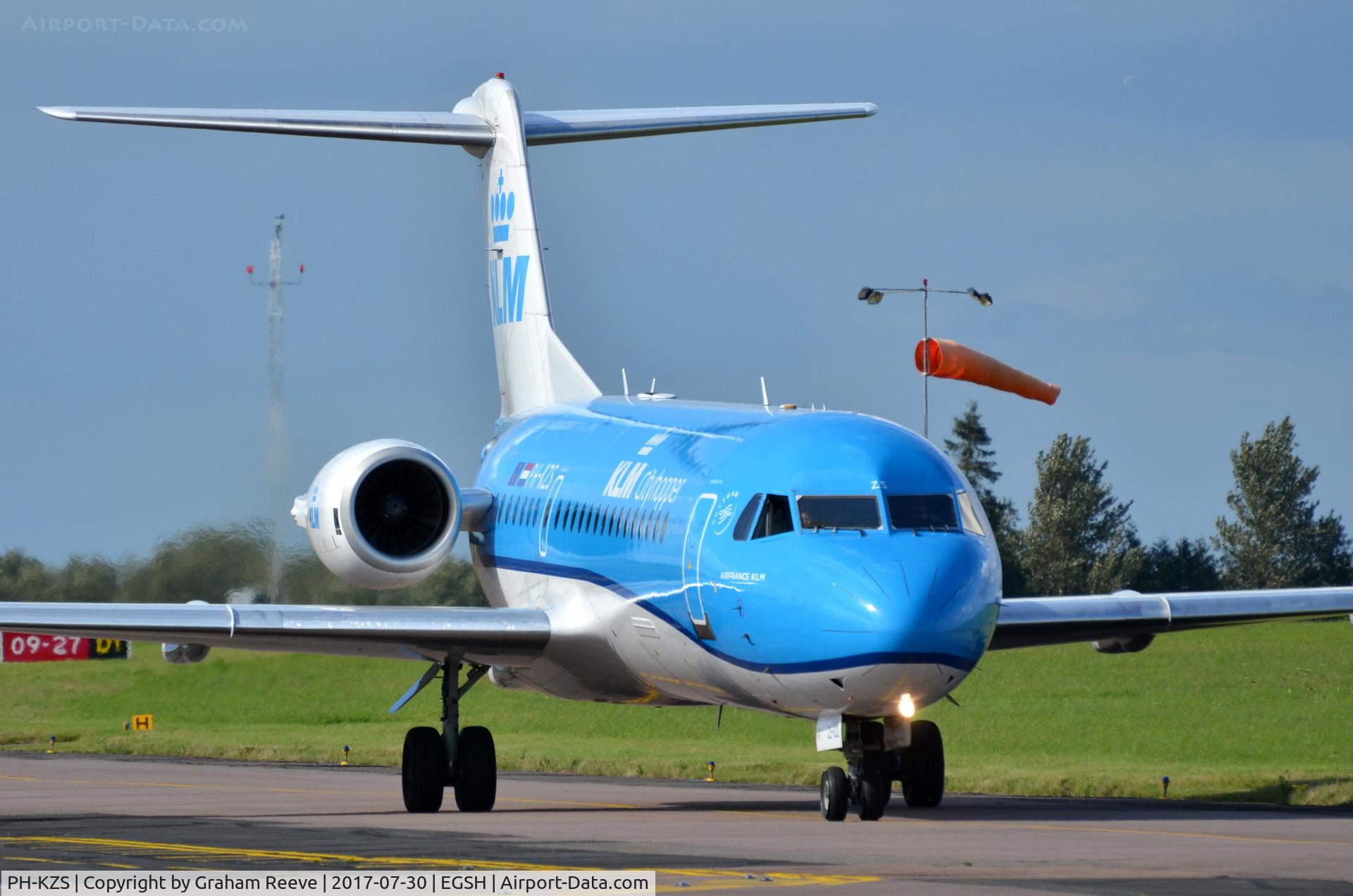 PH-KZS, 1995 Fokker F70 (F-28-0070) C/N 11540, just landed at Norwich.