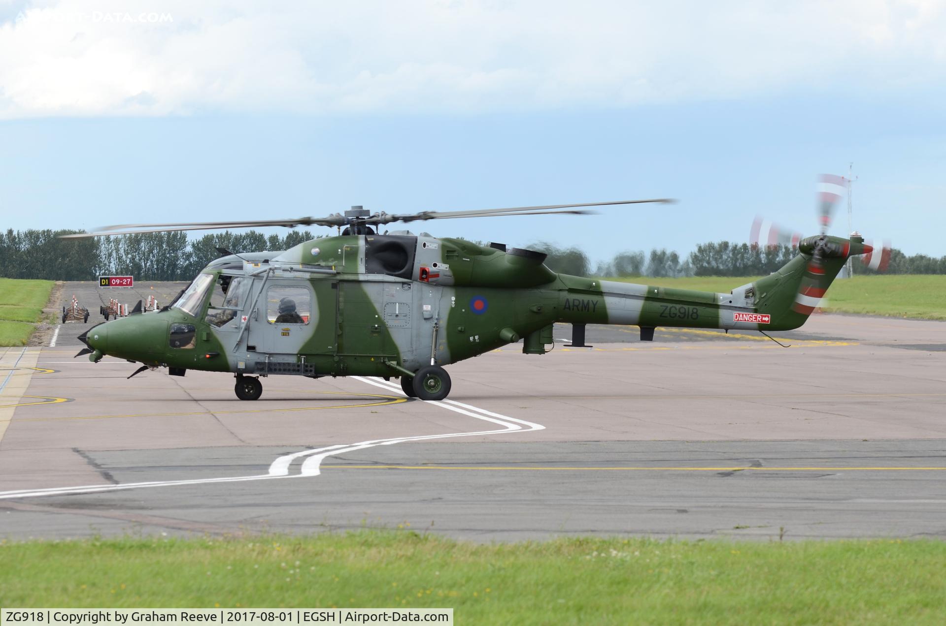 ZG918, 1992 Westland Lynx AH.9A C/N 357, Just landed at Norwich.