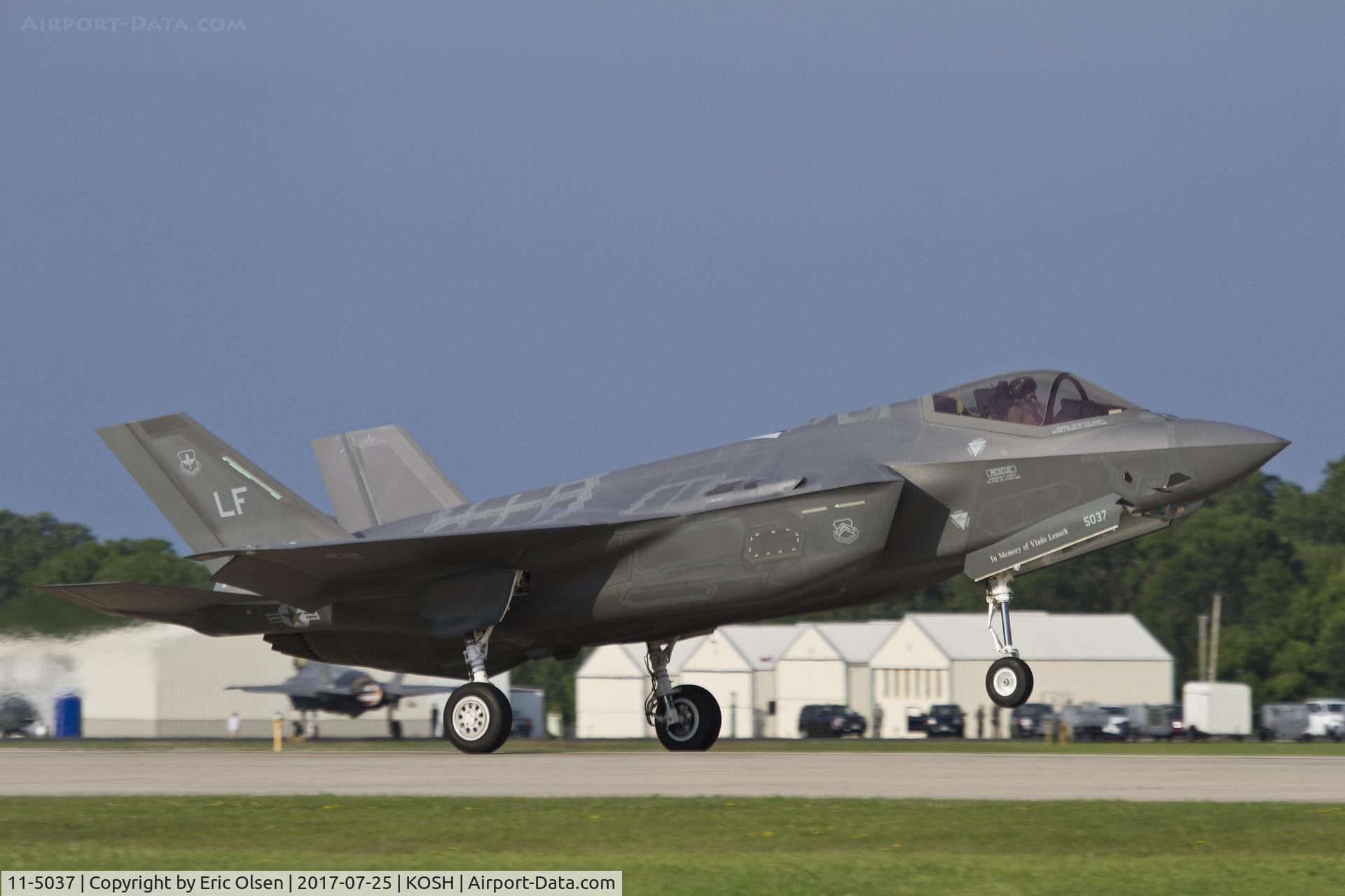 11-5037, 2011 Lockheed Martin F-35A Lightning II C/N AF-48, F-35A Lightning II landing after taking part in a Heritage Flight during the 2017 Oshkosh Airventure.