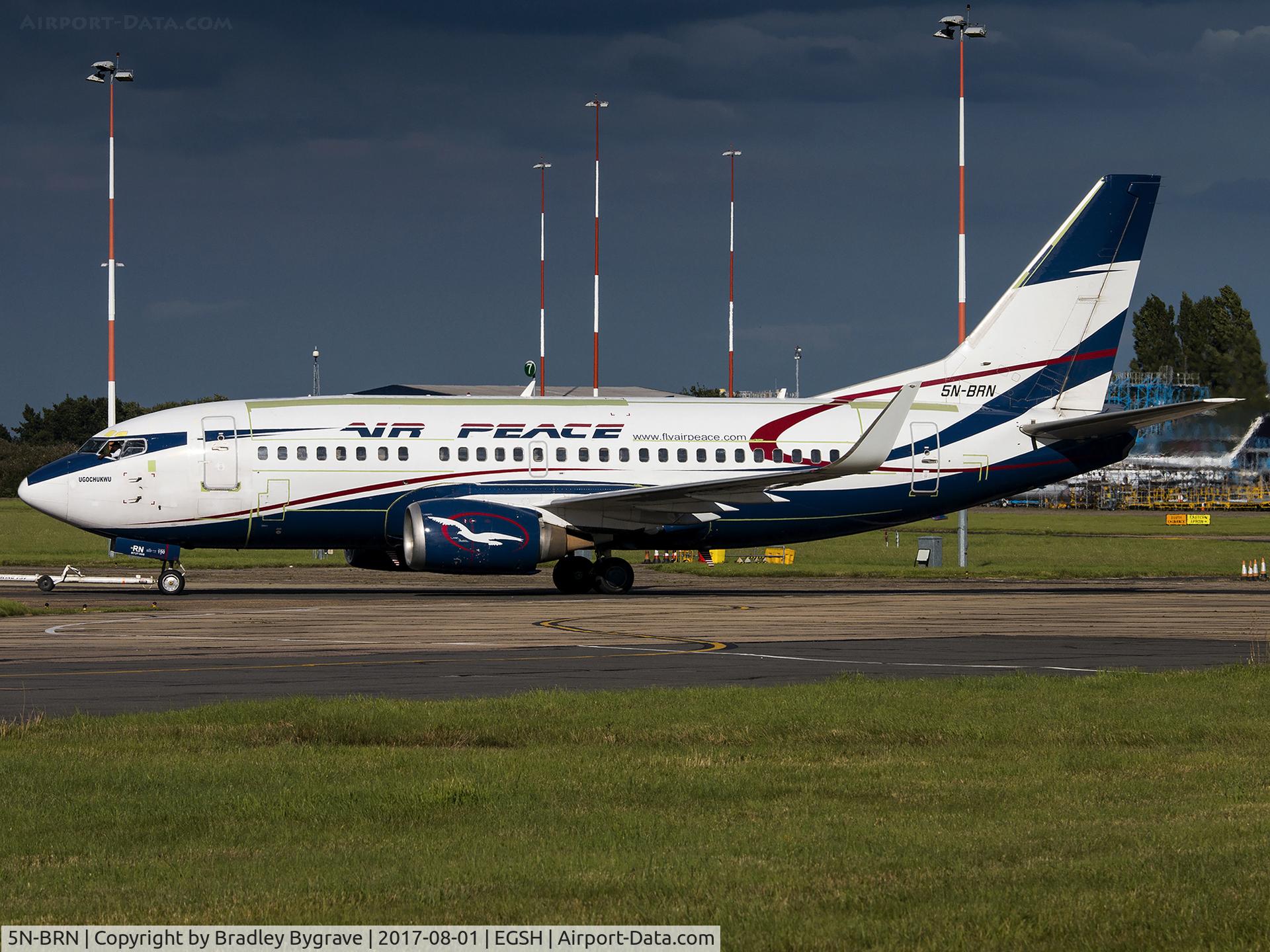 5N-BRN, 1992 Boeing 737-528 C/N 25234, Being pushed back from stand 6 in some absolutely perfect sunshine!