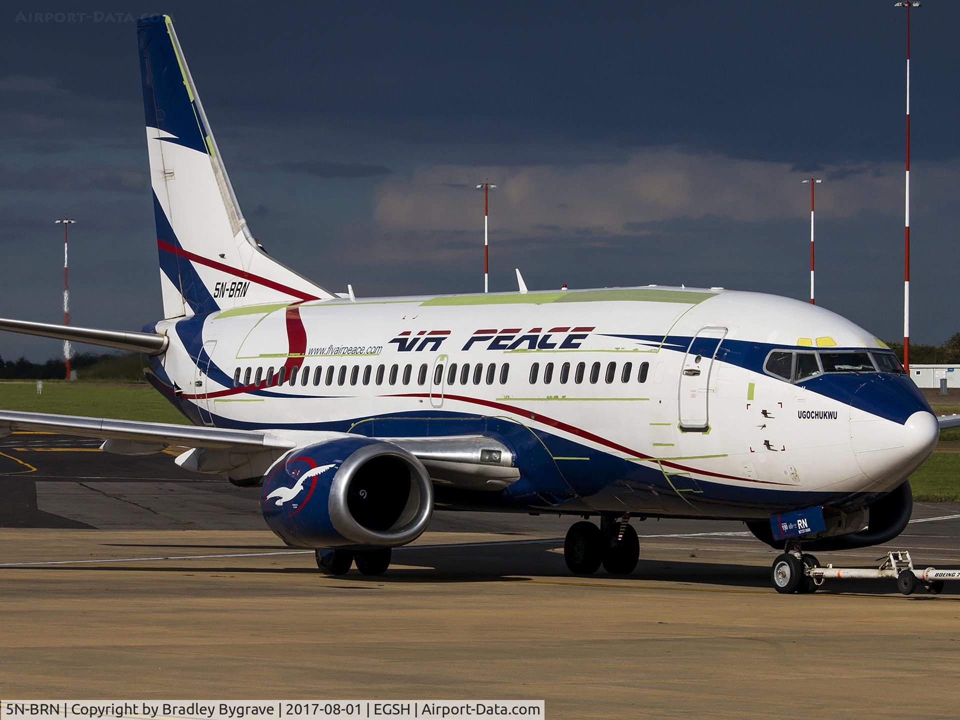 5N-BRN, 1992 Boeing 737-528 C/N 25234, Being pushed back from stand 6 in some perfect sunshine!