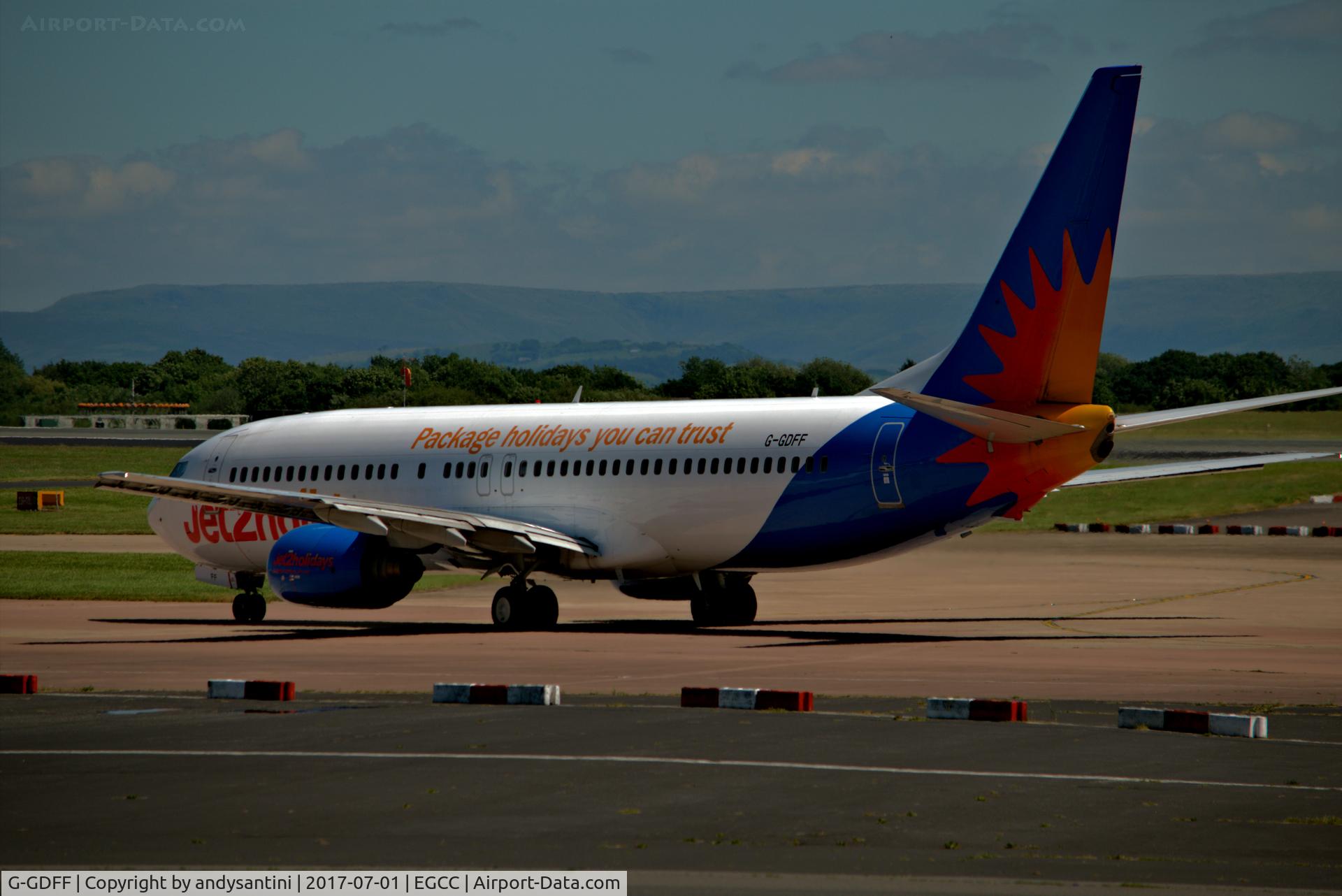 G-GDFF, 1999 Boeing 737-85P C/N 28385, taxing in to its gate/stand after landing on 23R @ egcc uk.
