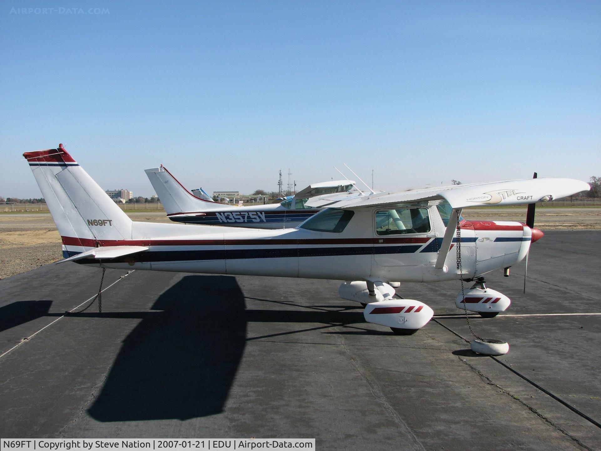 N69FT, 1978 Cessna 152 C/N 15282503, 1978 Cessna 152 in old colors with Horton STOL Craft titles on wingtip @ University Airport, Davis, CA (cancelled from USCAR 2010-01-20 as sold to Brazil)