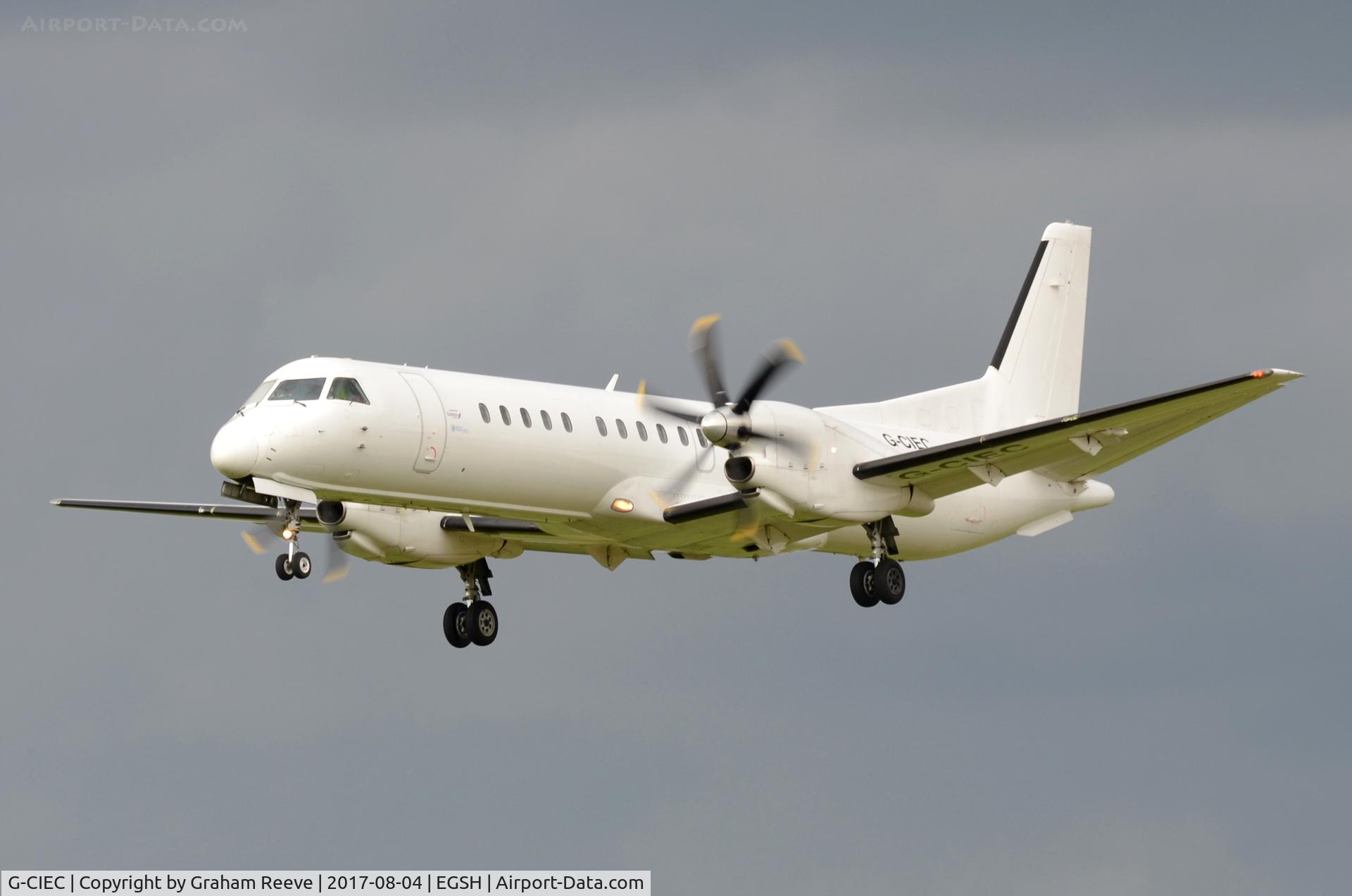G-CIEC, 1996 Saab 2000 C/N 2000-037, Landing at Norwich.