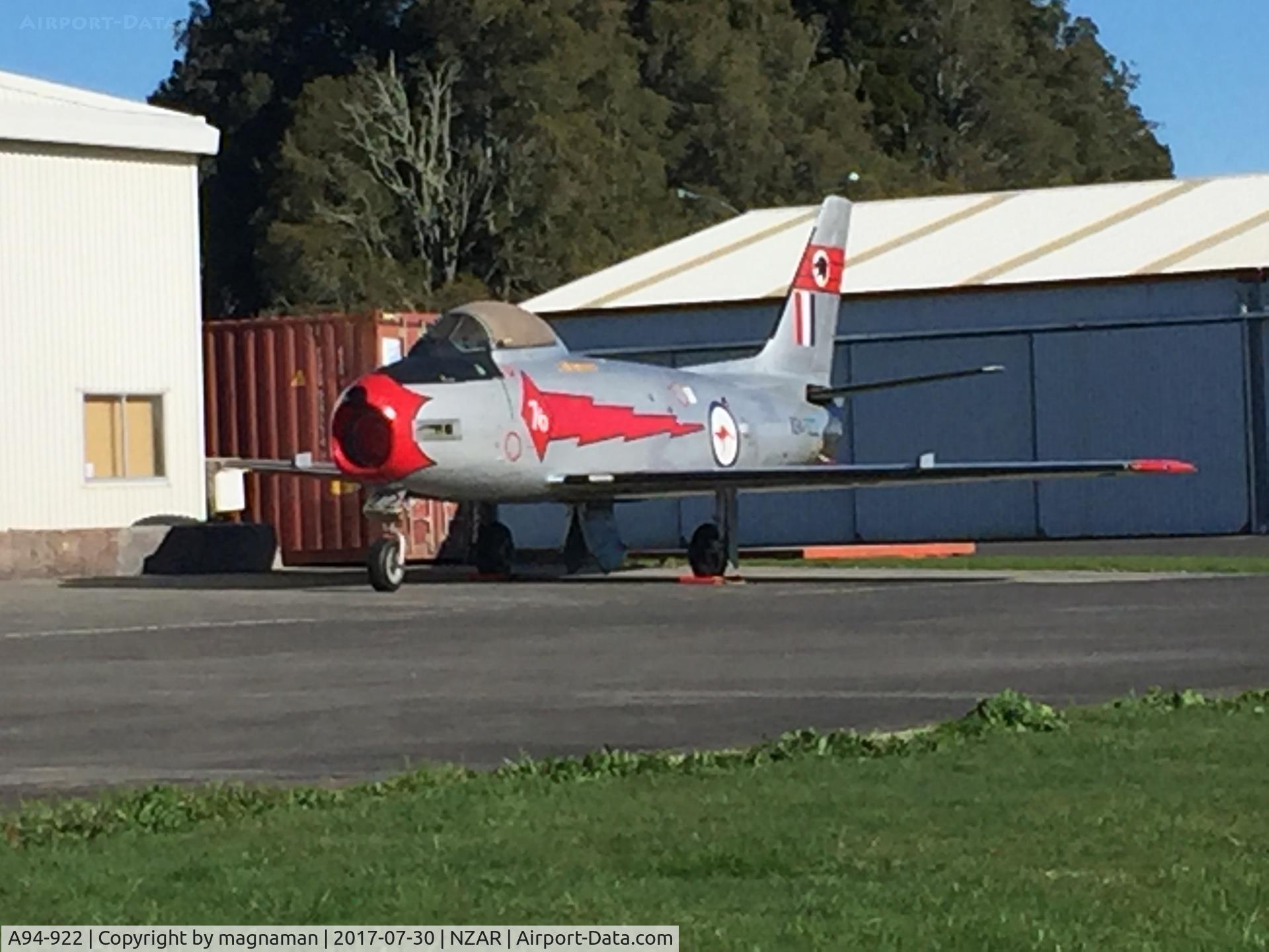 A94-922, 1955 Commonwealth CA-27 Sabre Mk.31 C/N CA27-22, outside hangar whilst floor gets painted!