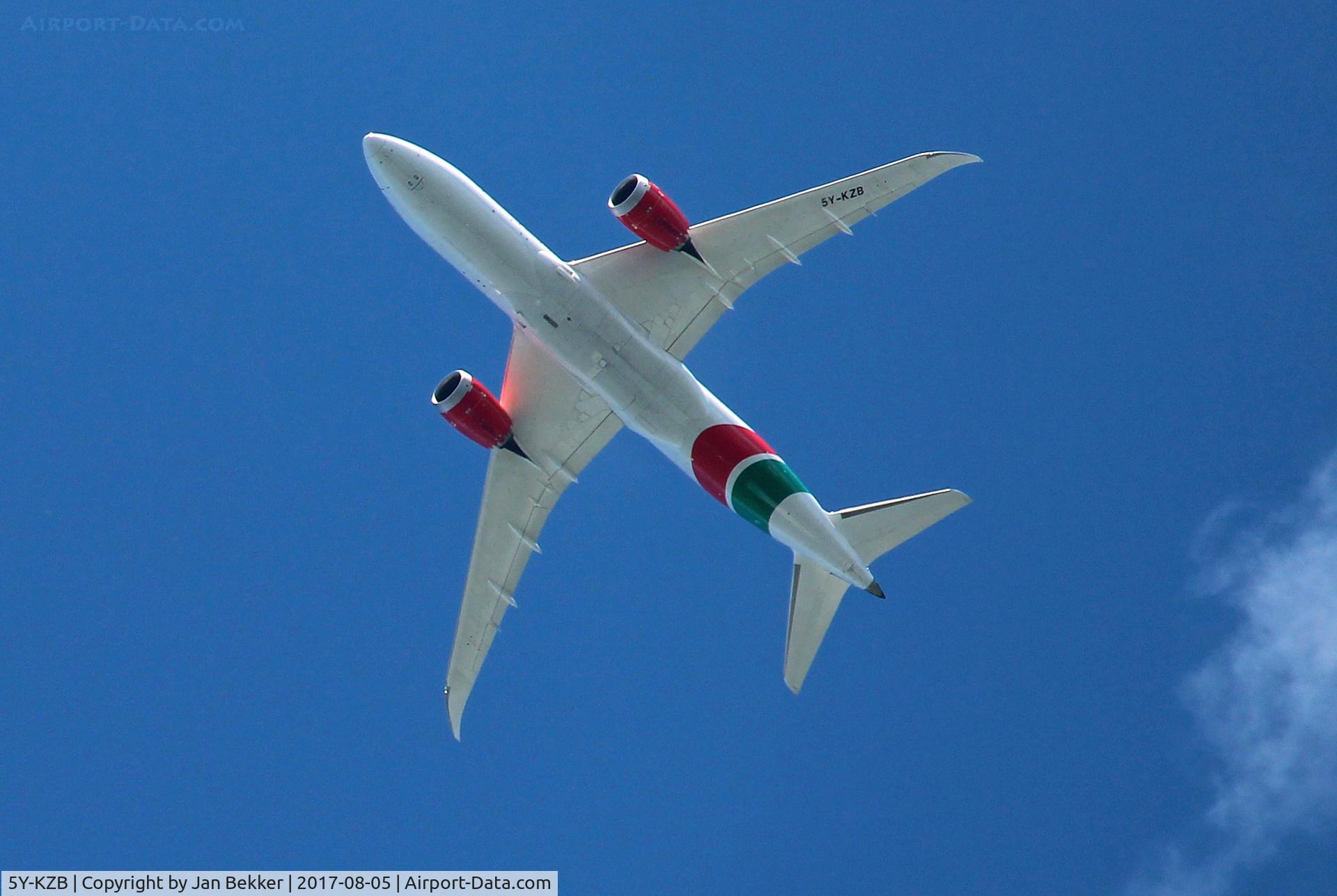 5Y-KZB, 2014 Boeing 787-8 Dreamliner C/N 35511, Flying over Lelystad at 10.000 ft direction Schiphol Amsterdam EHAM
