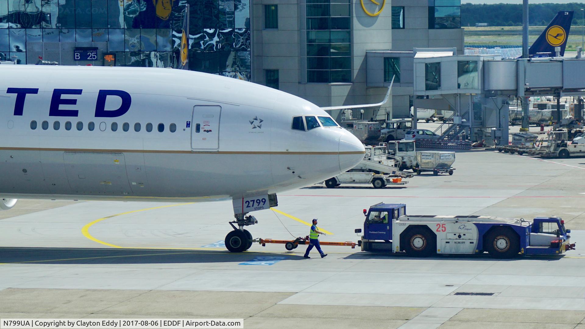 N799UA, 1998 Boeing 777-222 C/N 26926, N799UA being towed at Frankfurt Airport Germany. 2017.
