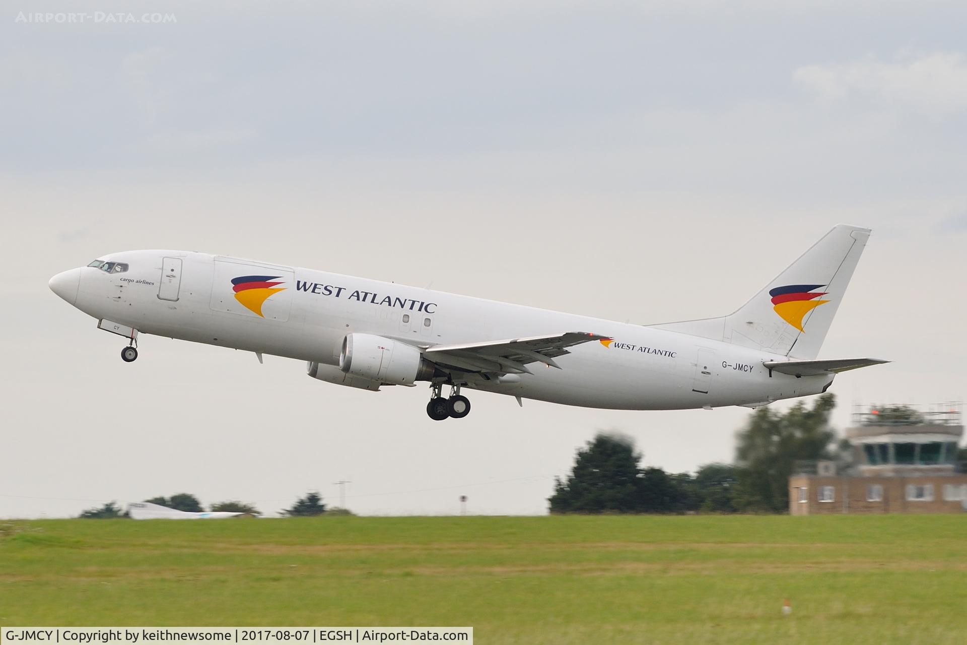 G-JMCY, 1994 Boeing 737-4Q8 C/N 25114, Leaving Norwich following maintenance.