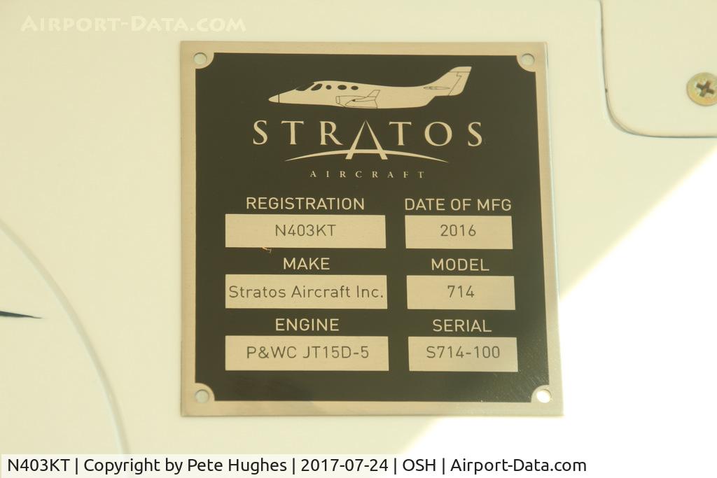 N403KT, 2016 Stratos 714 C/N S714-100, N403KT Stratos manufacturer's plate, Oshkosh 2017